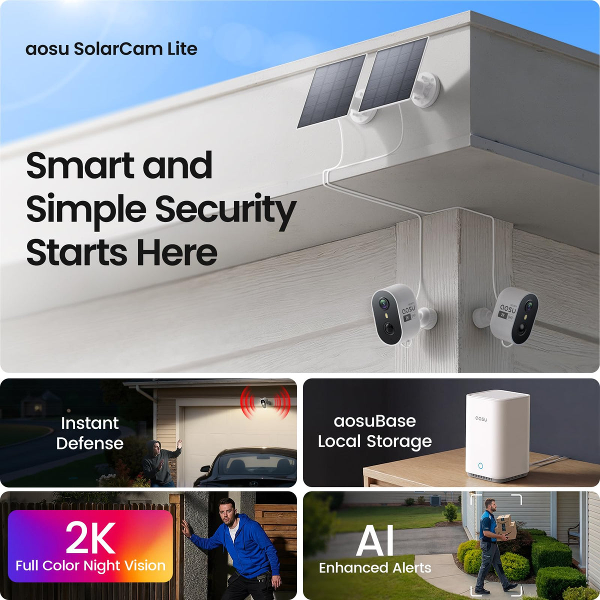 aosu Solar Security Cameras Wireless Outdoor Home System, True 2K HD, Cross-Camera Tracking, PIR + AI Human Detection, Color Night Vision, Local Storage, No Subscription Required, 2-Cam-Kit