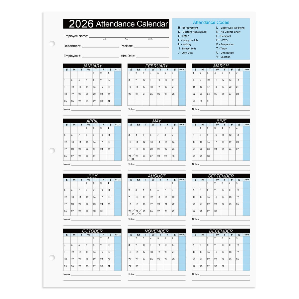 2026 Attendance Calendar Work Tracker Attendance Calendar Cards - 8.5 X 11 Cardstock/Pack of 25 Sheets