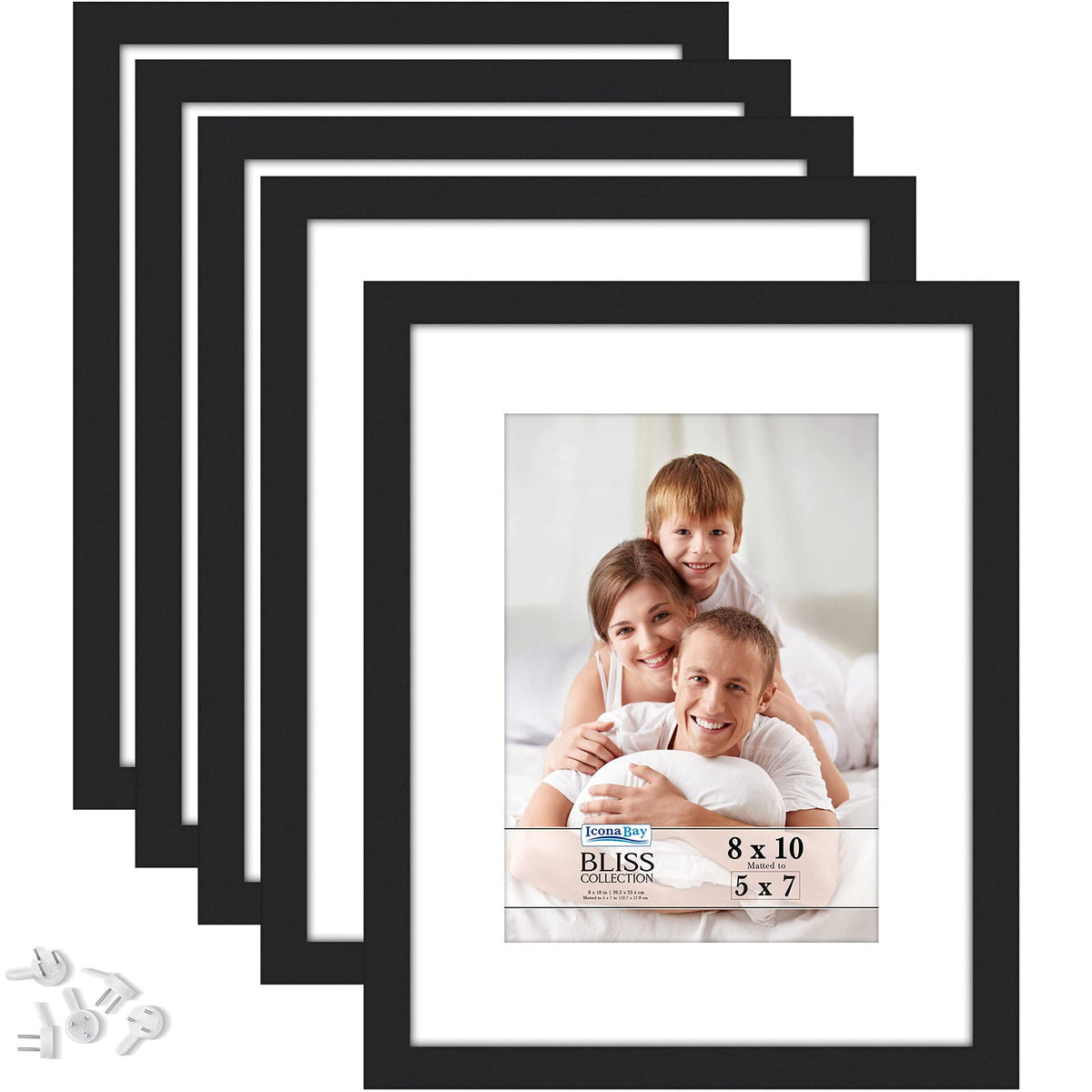 Icona Bay - 8x10 Picture Frames with Removable Mat for 5x7 Photos - Black, 5 Pack - Modern Style Engineered Wood Frames - Table Top or Wall Mount - Bliss Collection