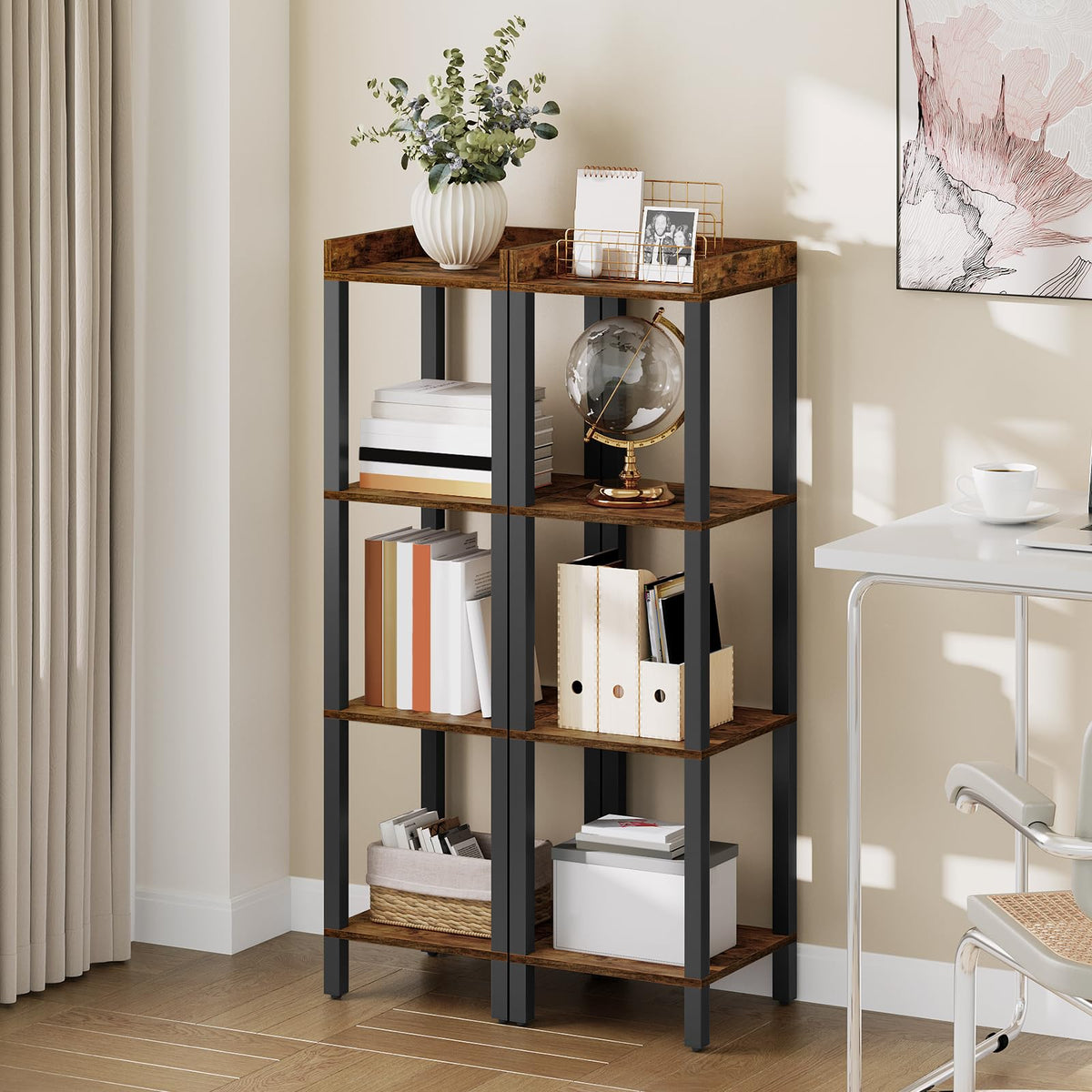 HOOBRO Small Bookcase, Industrial Style Bookshelf for Narrow Spaces, 4-Tier Square Book Shelf Stand, Wooden Storage Rack Display Shelf, Corner Shelf for Living Room, Rustic Brown and Black BF08CJ01