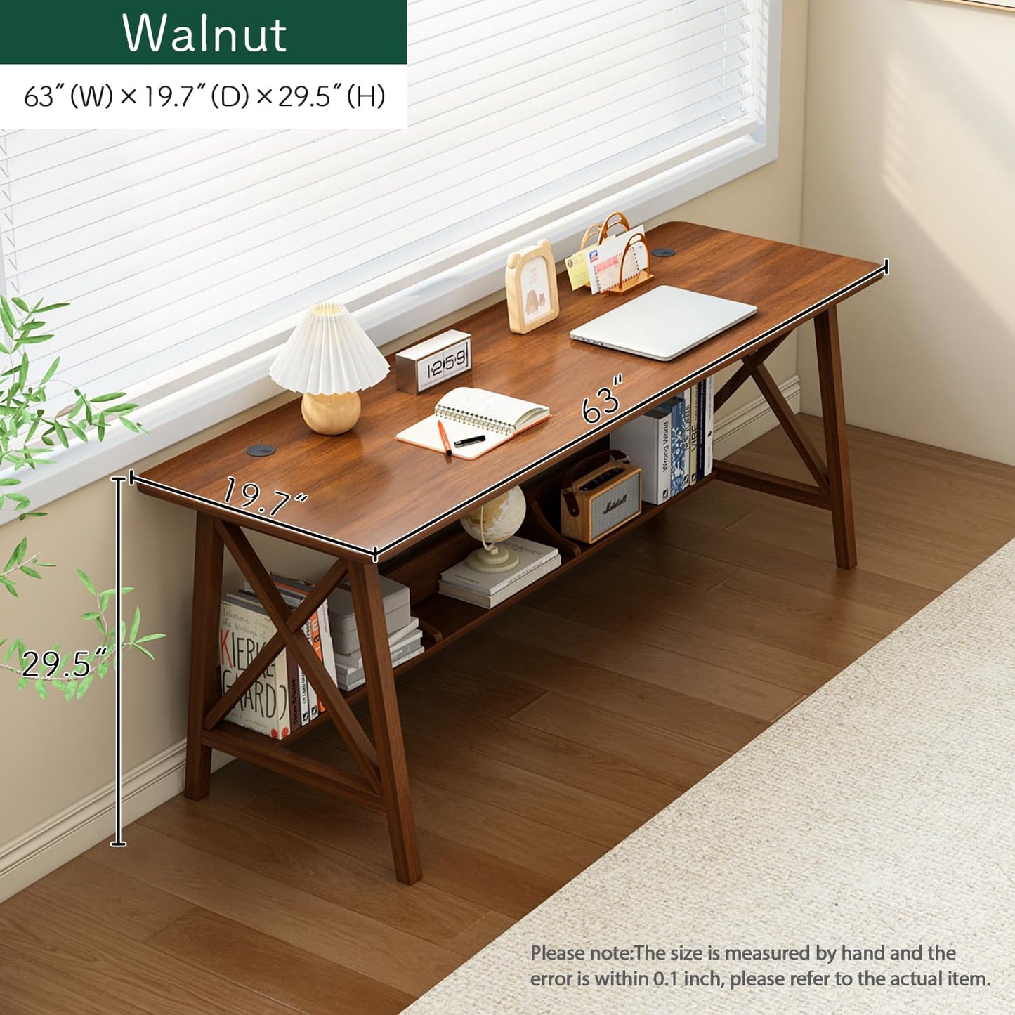 NELYE Extra Long Desk with Bookshelf - Wooden Home Office Work Study Table, 2-Person Writing Computer Workstation with Storage Shelf in Walnut, 63" Wx20 Dx30 H
