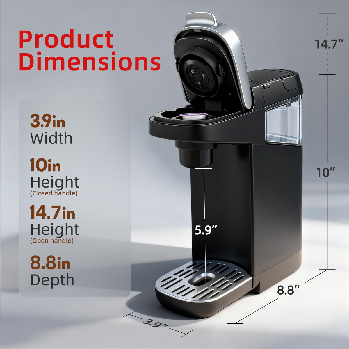 Greatogo Small Single Serve Coffee Maker for K Cup and Ground Coffee, Fast Brew One Cup Coffee, 6 to 12 oz. Brew Sizes, Machine with Descaling Reminder and Water Window, Black