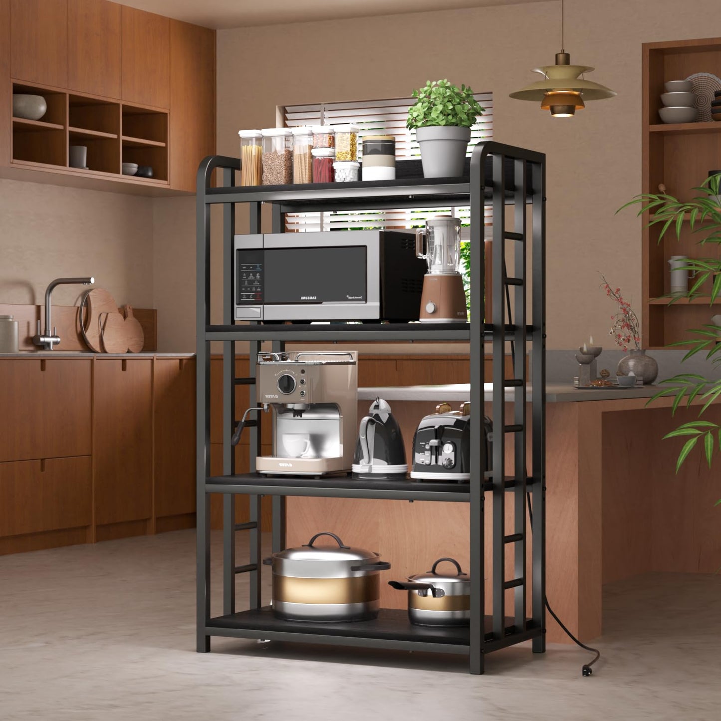 TIFFLOI Adjustable Bakers Rack with Power Outlet, 4 Tier Microwave Oven Stand, Heavy Duty Kitchen Storage Rack for Garage Dining Room, Black