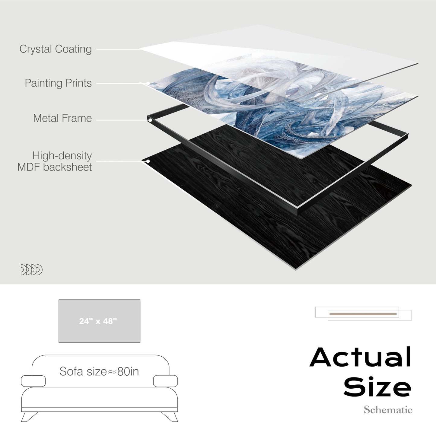 Large Wall Art for Living Room Bedroom Office Entryway, Gray White Modern Abstract Luxury Framed Crystal Porcelain Wall Decor, Waterproof Easy Clean Artwork for Home Hotel Restaurant Spa 24x48 Inch