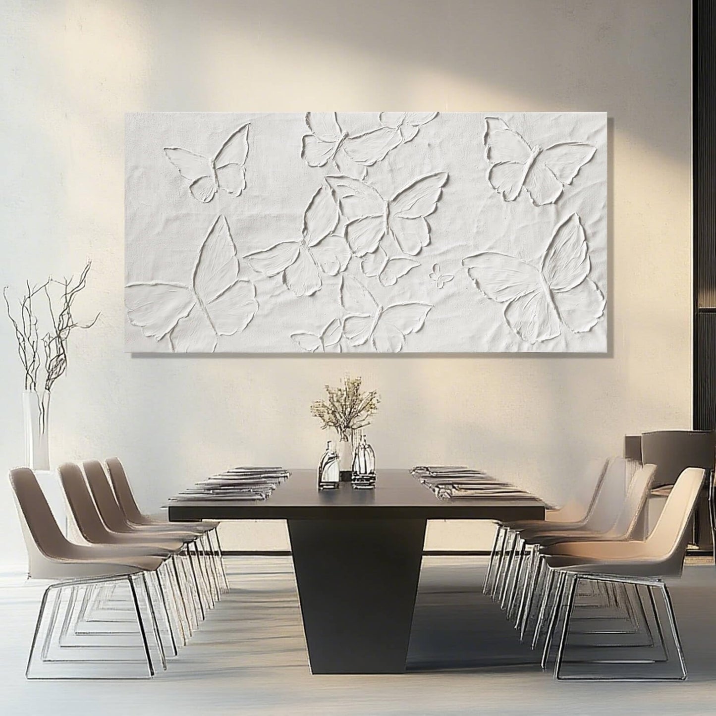 SHEYOYE White Minimalist Wall Art | Canvas Painting, Butterfly Modern Abstract Art Wall Decor for Bedroom, Living Room and Office Hallway Wall Decor 24" x 48"