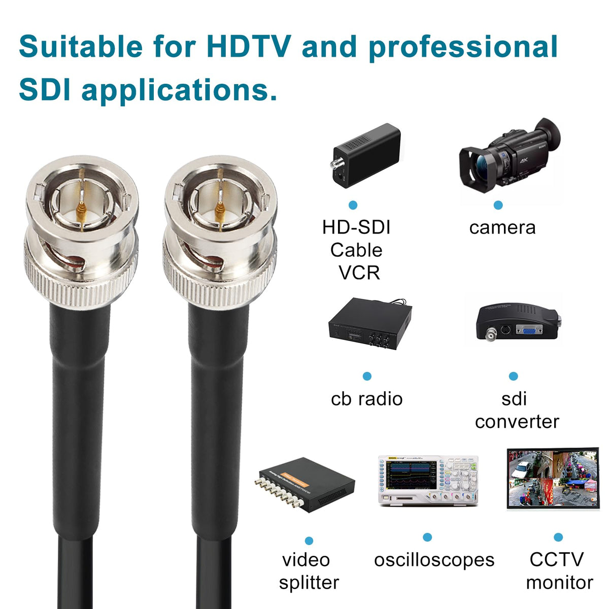 XRDS -RF 12G SDI Cable 1FT 2PCS, SDI Video Cables 3G/6G/12G 75ohm BNC Male Cable Supports HD-SDI/3G/6G-SDI/4K/8K for Video Security Camera SDI Converter