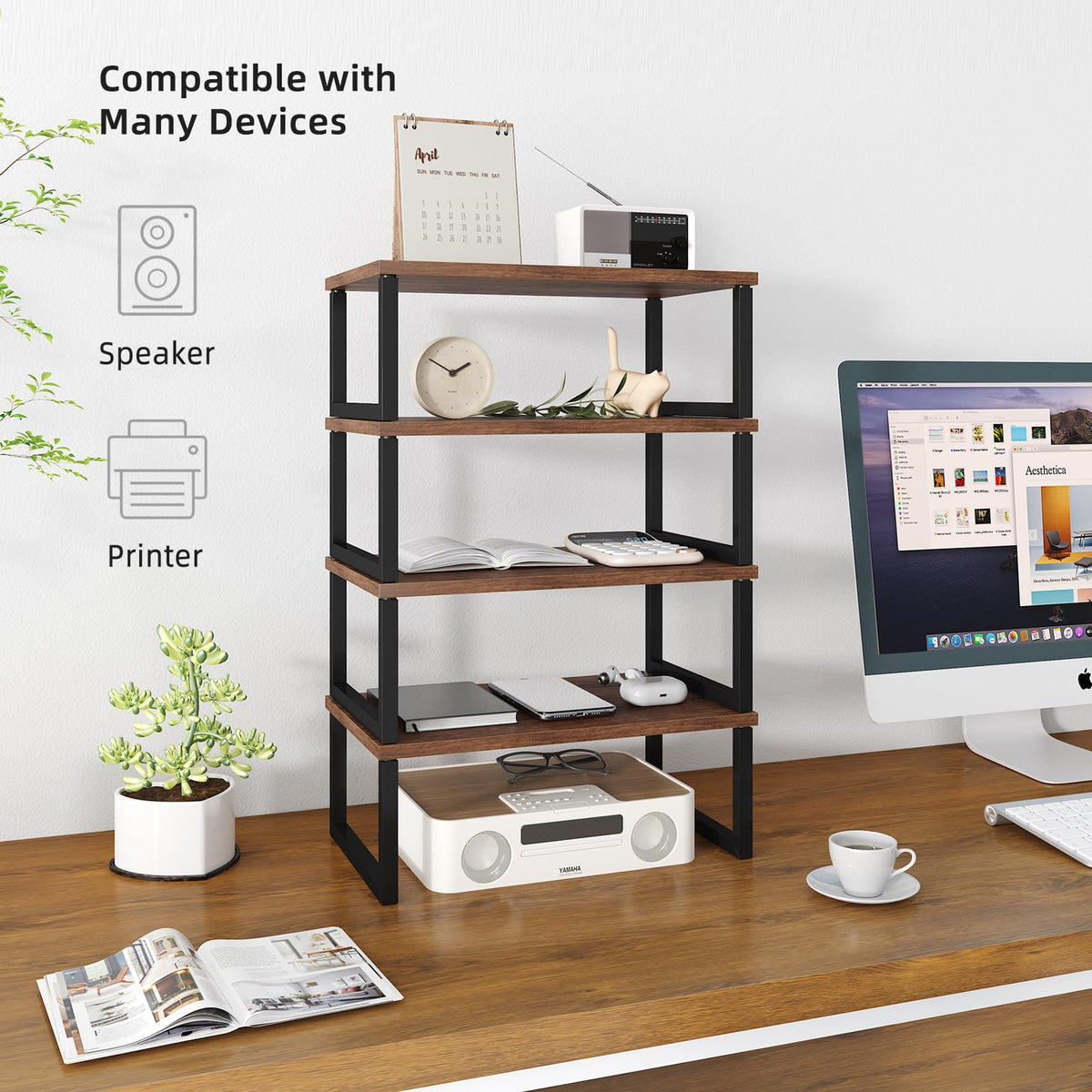 Simple Trending 2 Pack Monitor Stand Riser, Wood Desk Storage Organizer for Office Laptop, Computer, Antique Brown