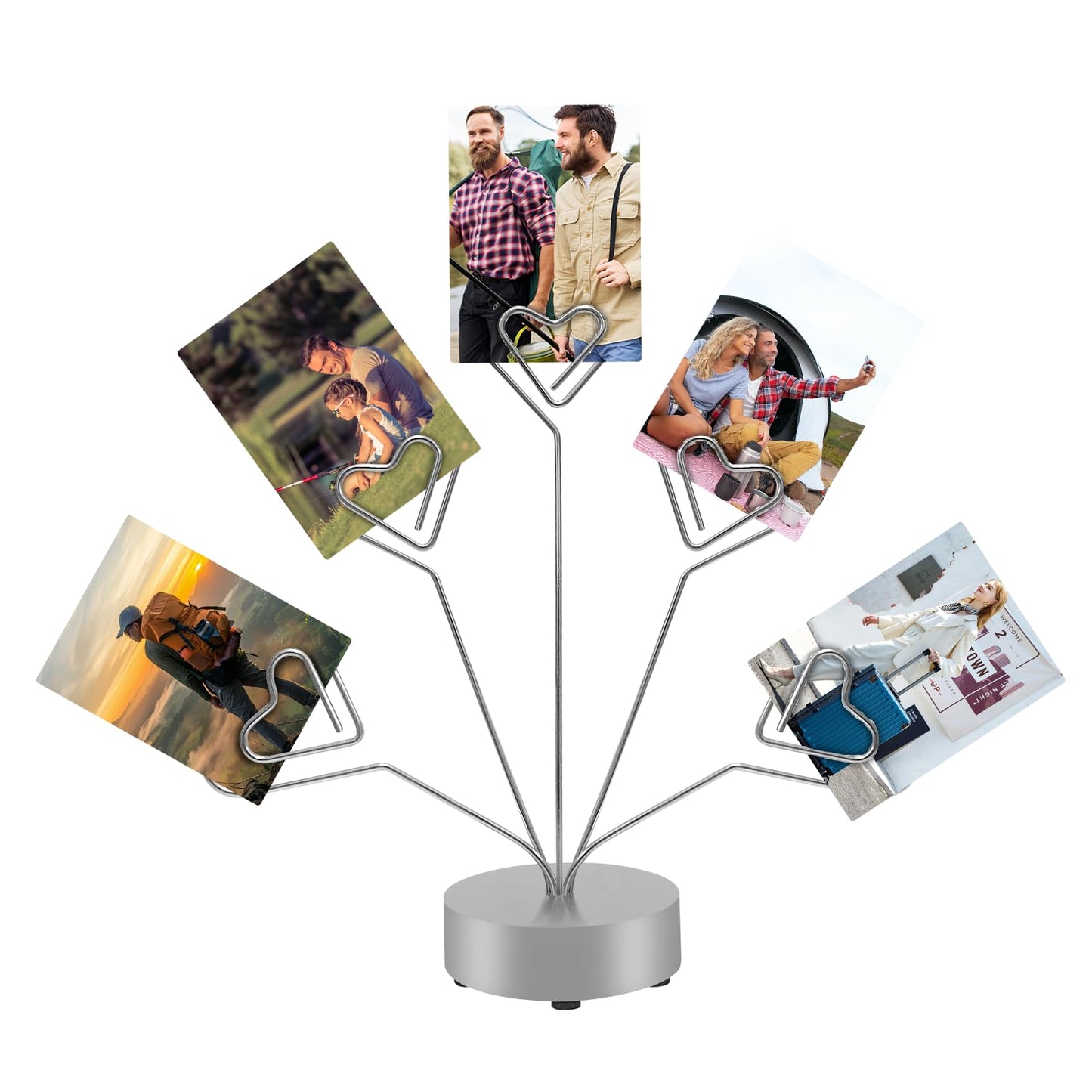 FaitAtten Desktop Heart-Shaped Photo Tree Style Holders Round Base,5-Branch Family Picture Frame Clips Holder Desk Card Display Stand for Christmas,Wedding, Birthday Party,Gift Silver