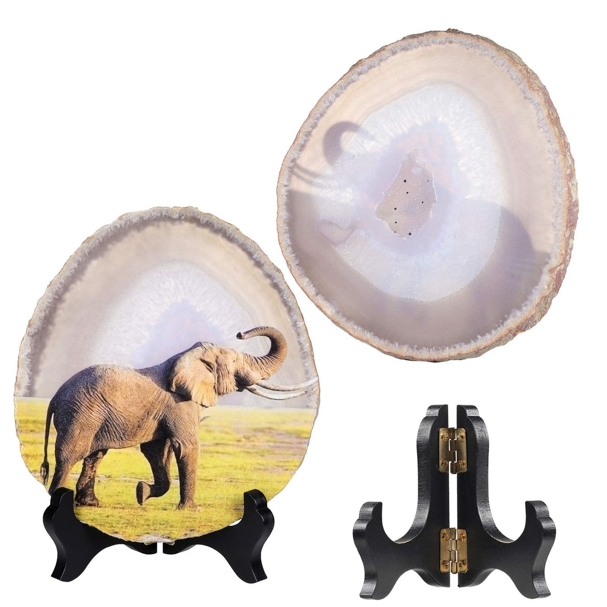 mookaitedecor Natural Agate Slice Art Print Elephant Table Display with Wooden Stand, Irregular Agate Geode Stone Figurine for Office & Home Decoration