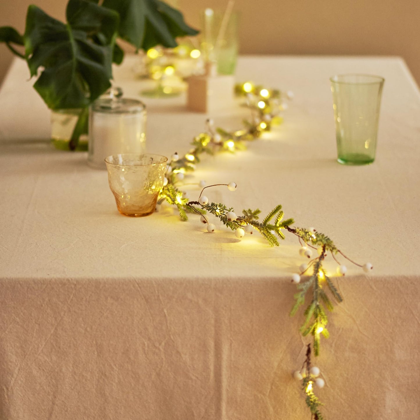 Norfolk Pine String Lights & White Berry 6.5FT & 25LEDs Delicate Christmas Garland with Lights Battery Operated with Remote Ideal for Indoor & Outdoor Decorations Petite Christmas Garland for Mantle