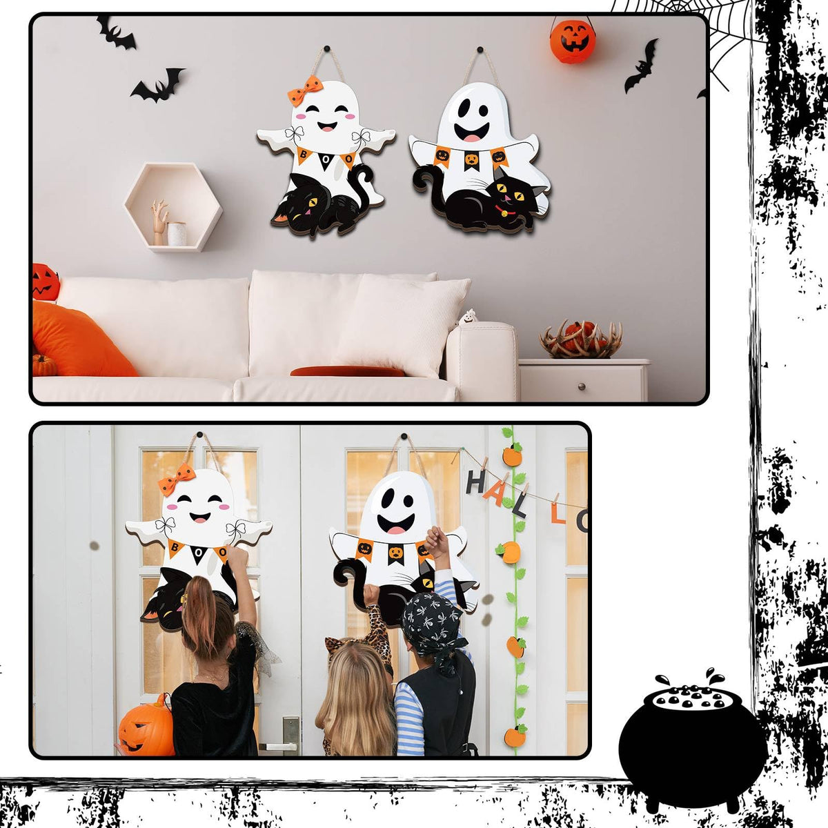 Leinuosen 2 Pcs Halloween Ghost Witch Door Sign Boo Decorations Front Door Hanger Wreath Decor Black Cat Pumpkin Wooden Hanging Sign for Party Supplies (Ghost)