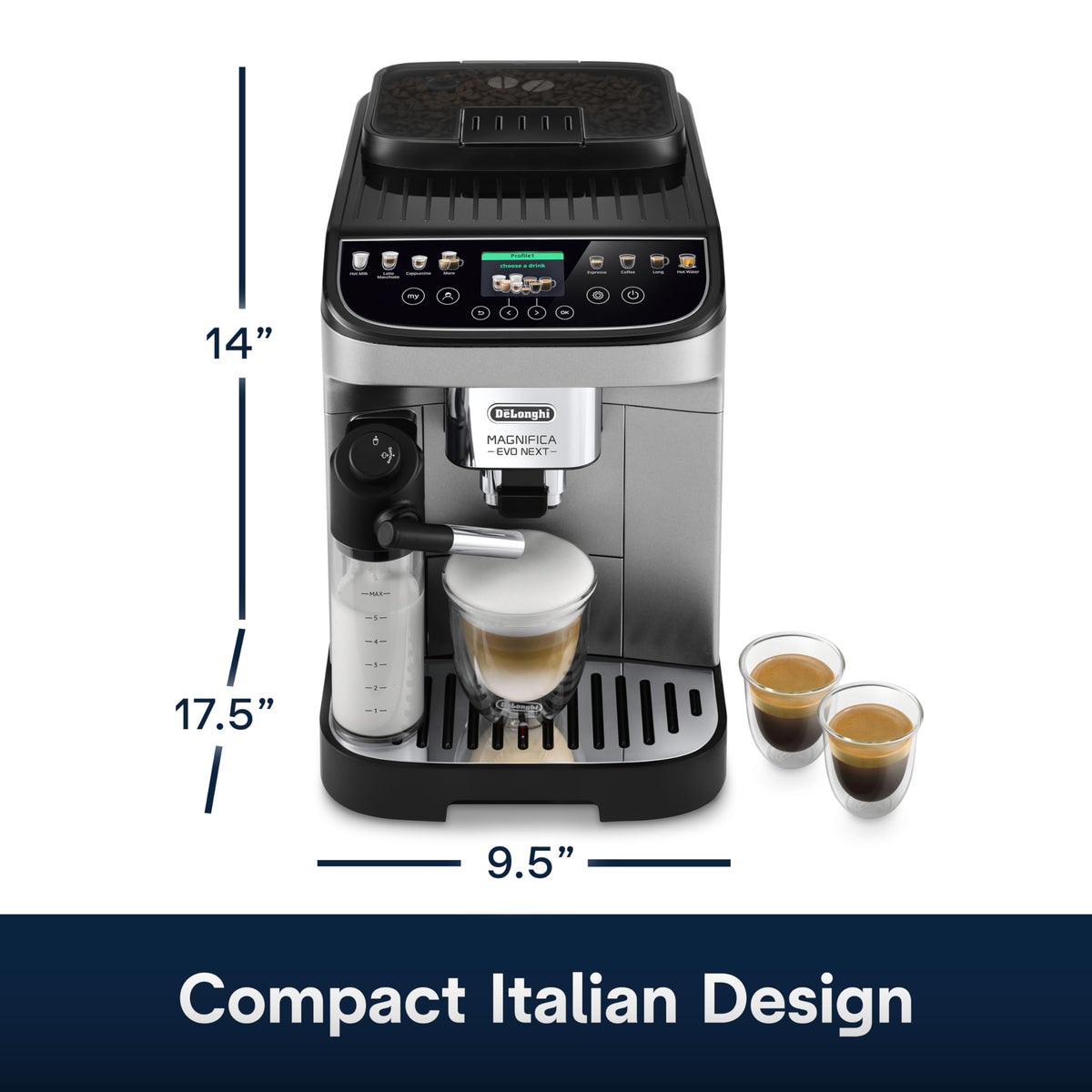 De'Longhi Magnifica Evo Next Fully Automatic Espresso Machine - Programmable Coffee Maker with Grinder and Milk Frother - Hot & Cold Brewer for Espresso, Latte, Cappuccino, Americano, Tea and More