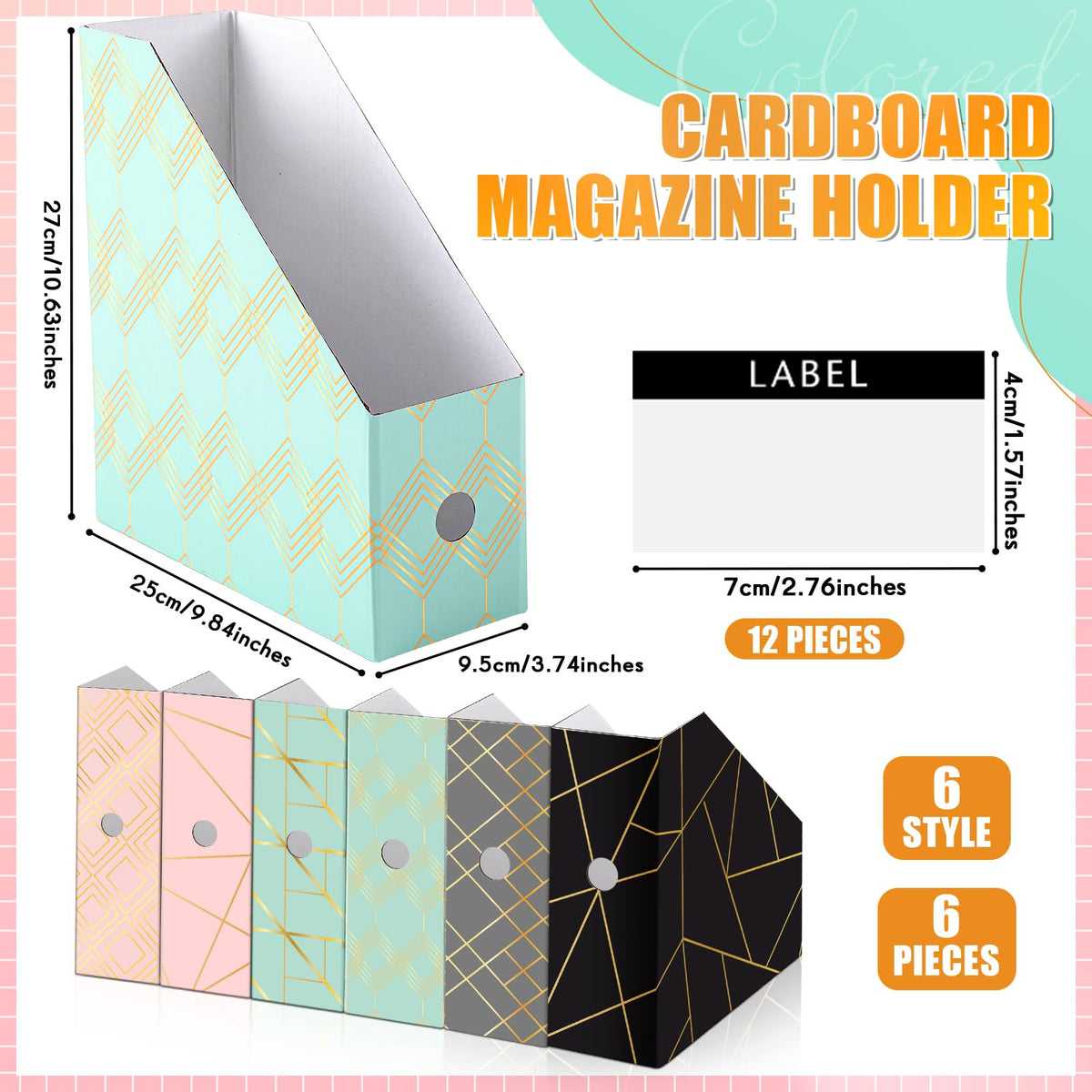 PerKoop 6 Pcs Decorative Magazine File Holders Floral Foldable File Folders Magazine Storage Boxes Rack Desk Organizer Documents with Printable Labels for School Office Home (Geometric Lines)