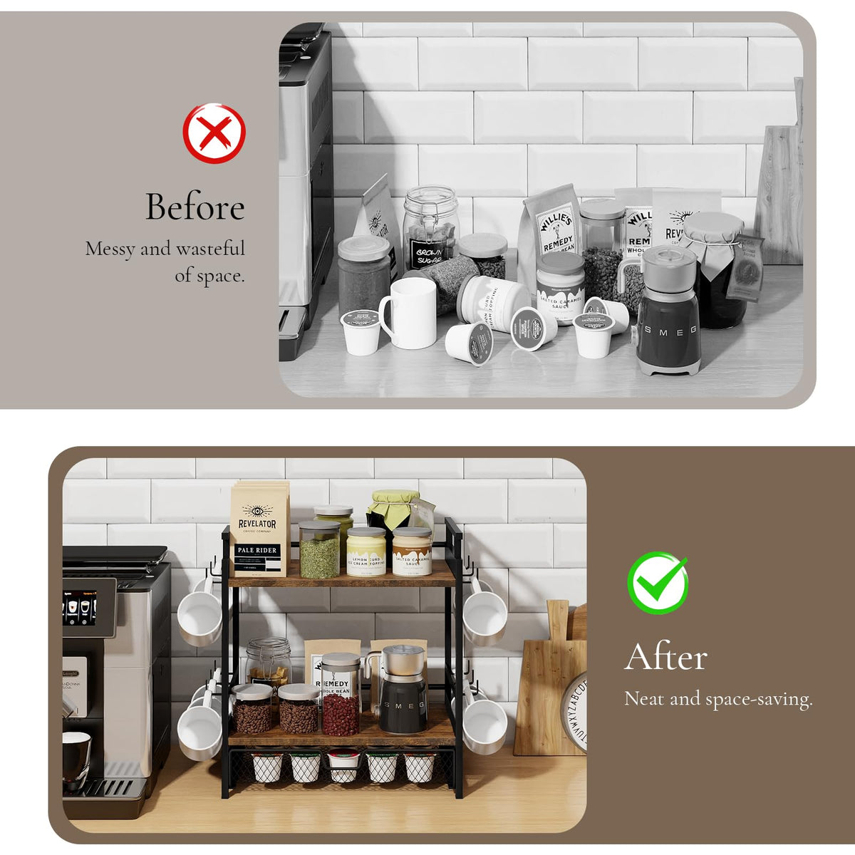 BCOZLUX Coffee Bar Organizer, 3 Tier Coffee Station Organizer for Countertop, Mug Cup Holder Stand with 12 Hooks, with K Cup Storage Drawer, Tea Organizers Accessories for Home Office