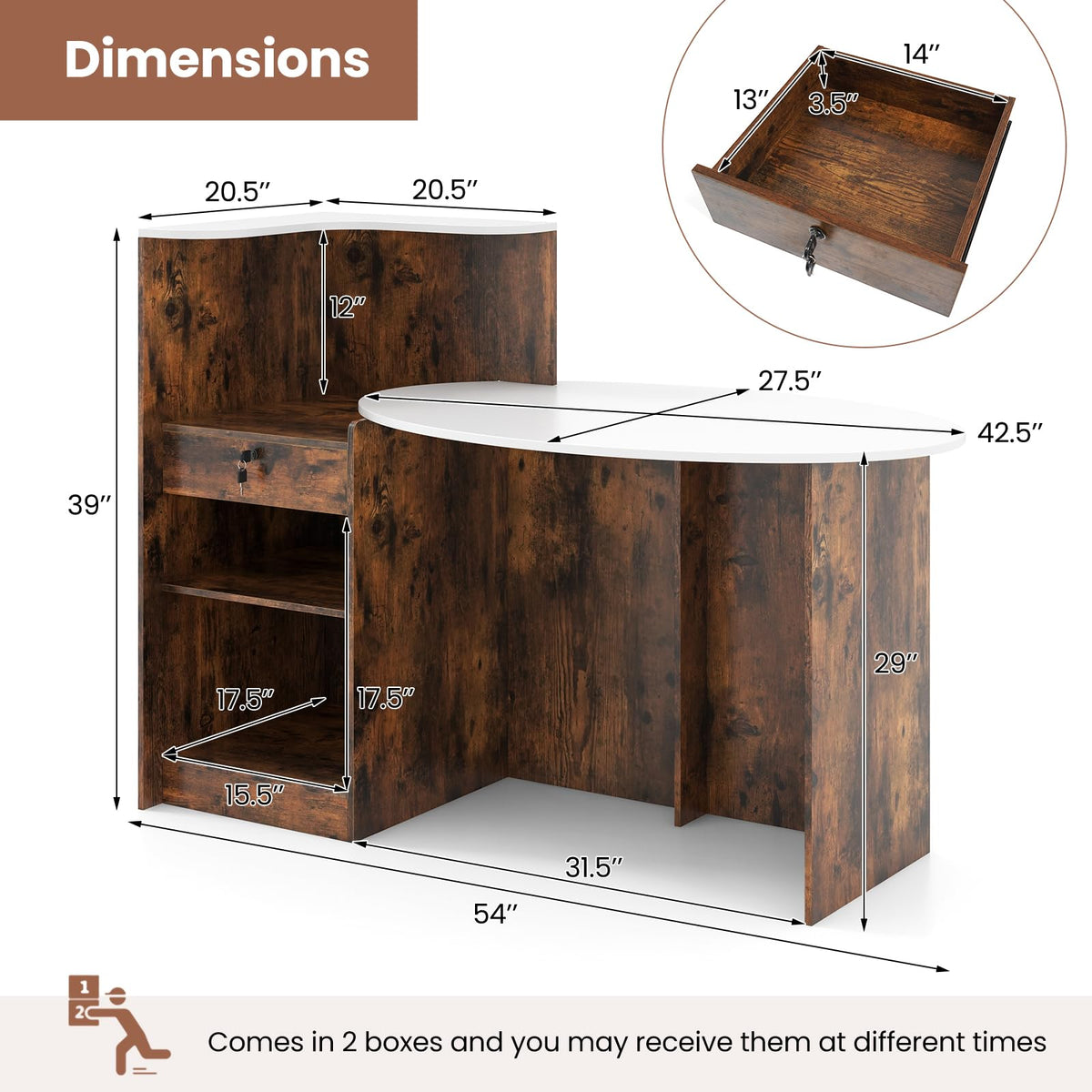 Giantex Reception Desk, Front Counter Desk with Lockable Drawer, Oval Tabletop & Adjustable Shelf, Retail Register Stand, Checkout Table for Office Beauty Salon Reception Room (White & Rustic Brown)