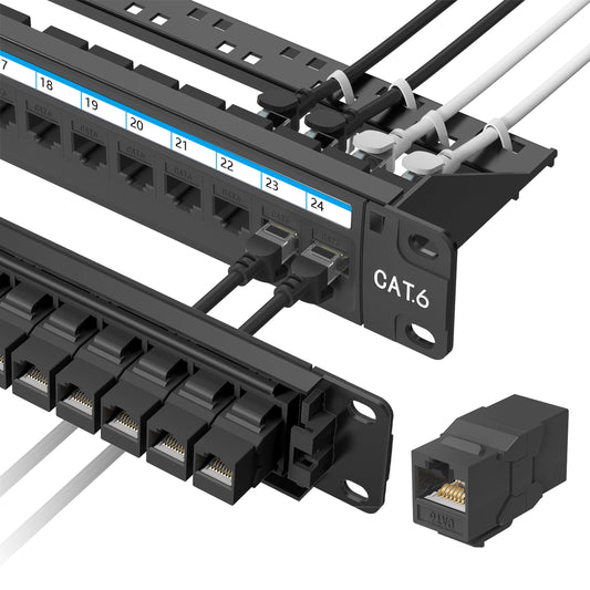 Jadaol [UL Listed] 24 Port Patch Panel Rackmount or Wall Mount 19-Inch, 1U Cat 6 Network Panel Preloaded with 24 Keystone Couplers Plus 1 Spare, 10Gbps Ethernet Panel with Cable Management & Back Bar