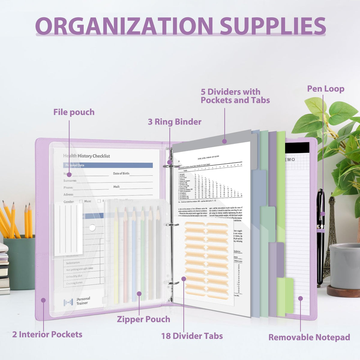 BVSSX 3 Ring Binder with Clipboard,1 Inch Binders with Notepad&5 Dividers with Pockets, Labels,PU Clipboards for School Office(Purple,Letter Size)
