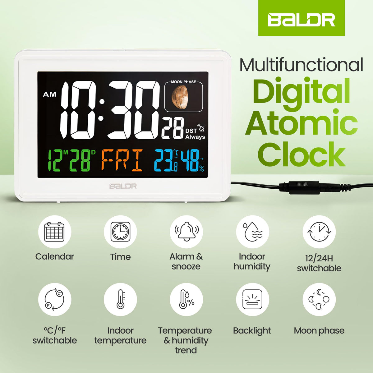 Baldr Atomic Clocks for Bedrooms Digital Large Display - White - Desk Clock with Temperature Indoor and Humidity, Night Stand Clock, Moon Phase Clock, Alarm Clocks for Living Room, Digital Clock Wall