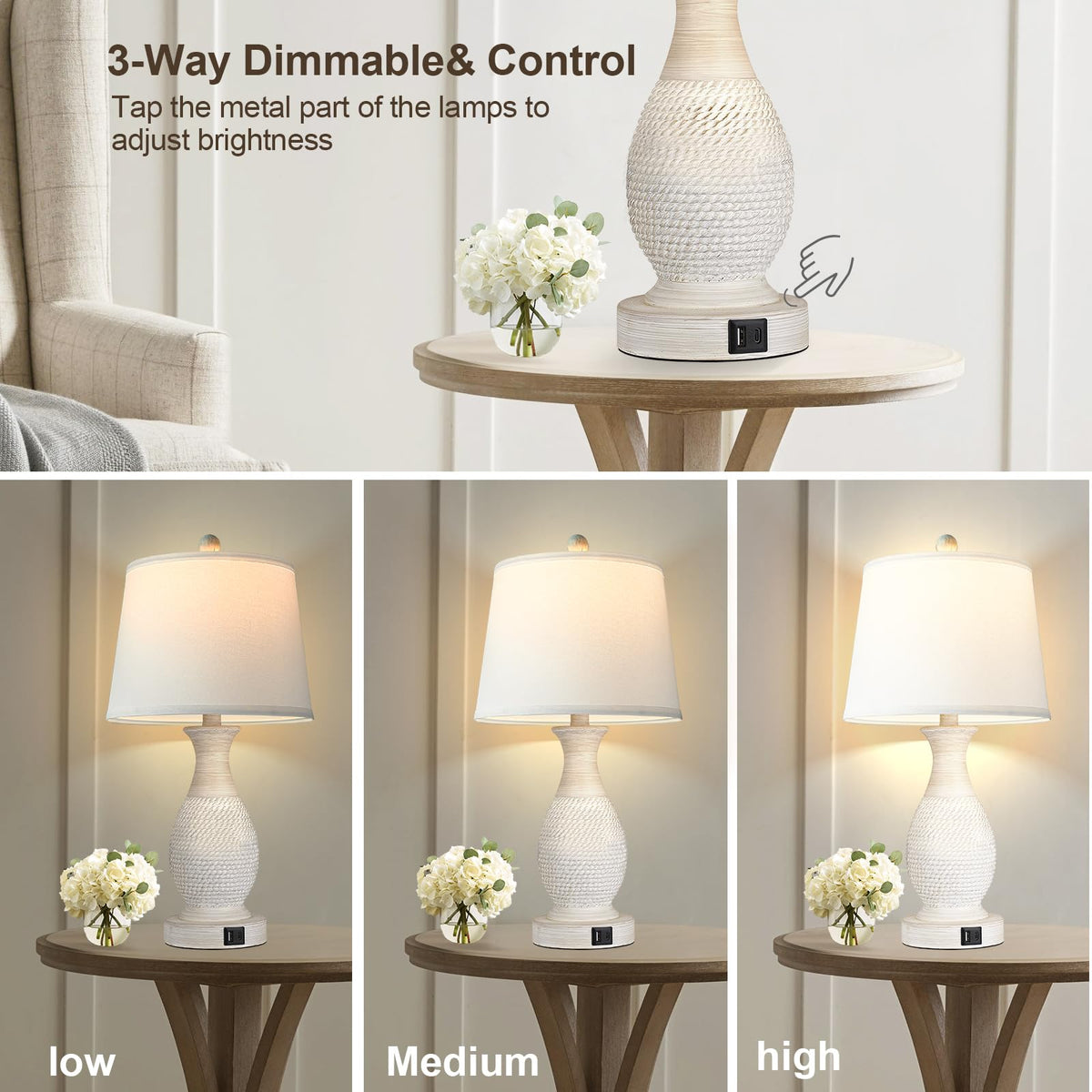 PARTPHONER Table Lamps Set of 2, Bedside Touch Lamp with USB C+A Charging Ports, Side Table Lamp with White Fabric Shade (LED Bulbs Included)