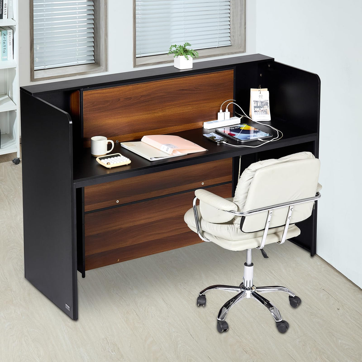VEVOR Reception Desk, 62 Inch Rectangular Front Counter Table, Office Reception Desk Front Retail Counter with LED Light, for Checkout, Lobby, Beauty Salon and Office, Black & Brown