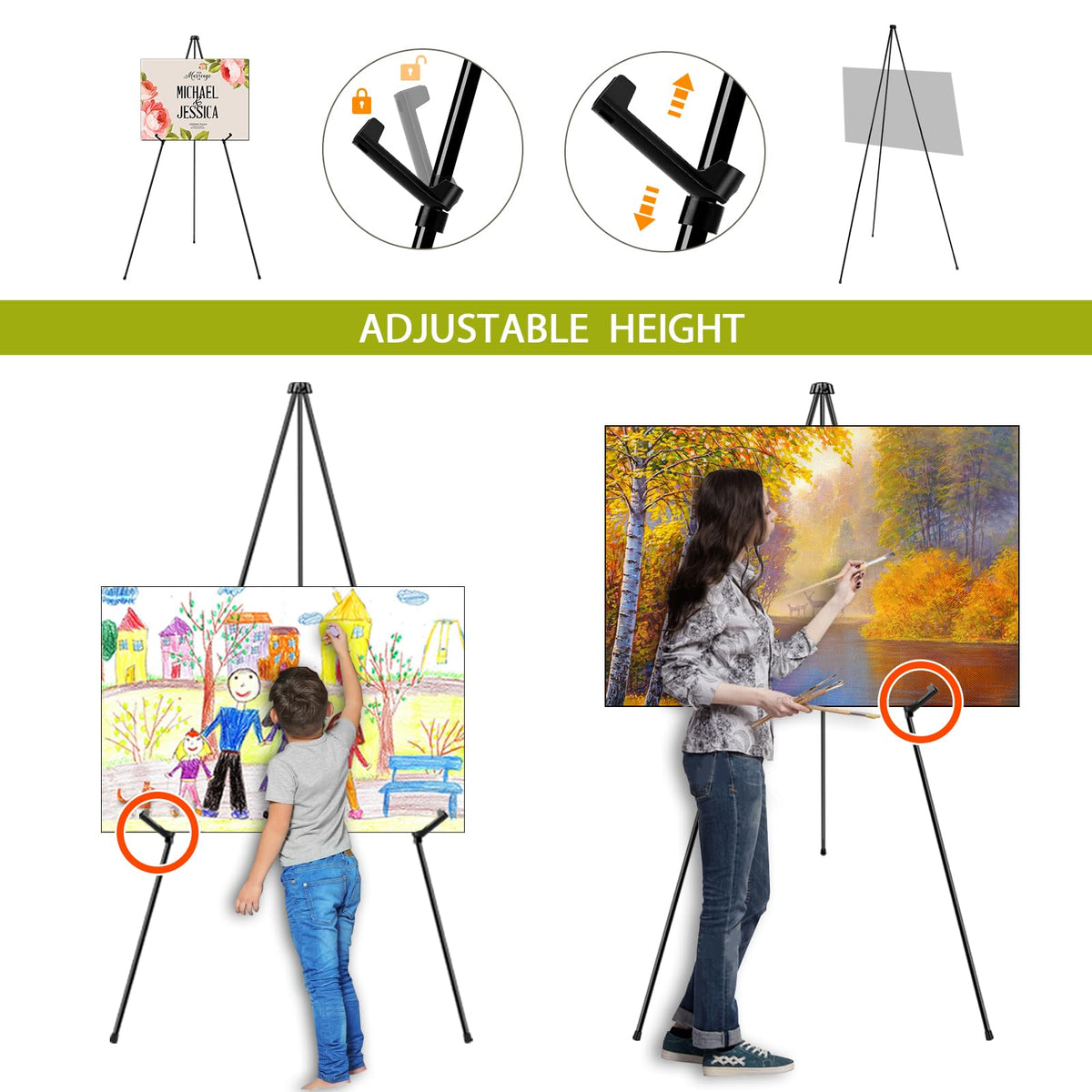 AROIC 63 "Easel Stand for Display, 10 Pack Portable Foldable Metal Easel, Easels for Signs Wedding Logos,Arts, Painting,Adjustable Floor Easels with 10 Storage Bag