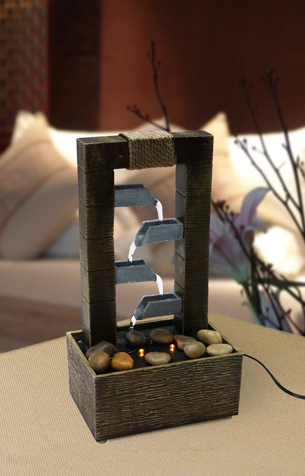 Nature's Mark 10" H 4 Tiered Cascading Tabletop Water Fountain with Natural River Rocks and LED Lights (Power Cord Attached)