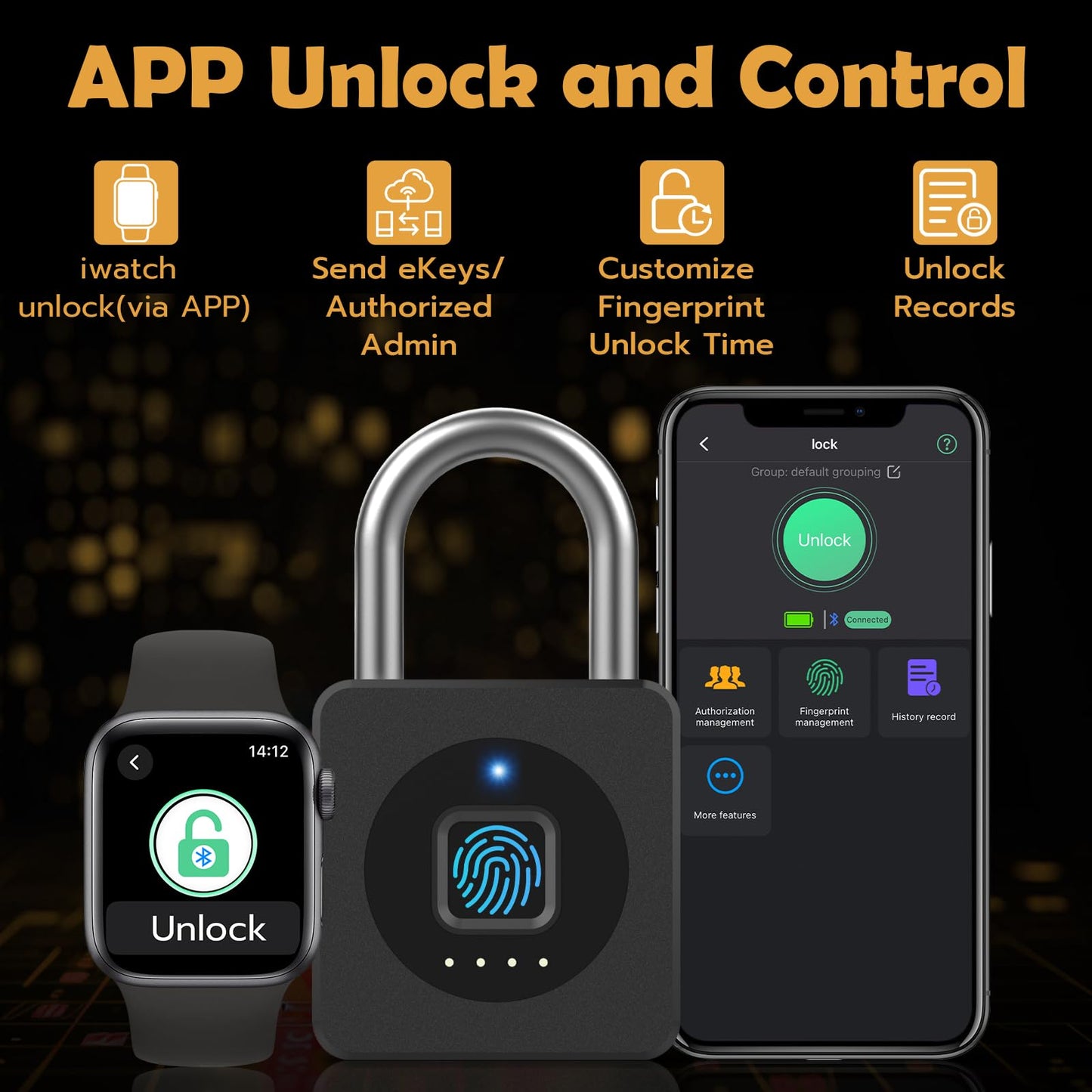 Pothunder Fingerprint Padlock with APP, Keyless Biometric Lock, Smart Waterproof Padlock Suitable for Gym, Locker, Gates, Fence and Storage