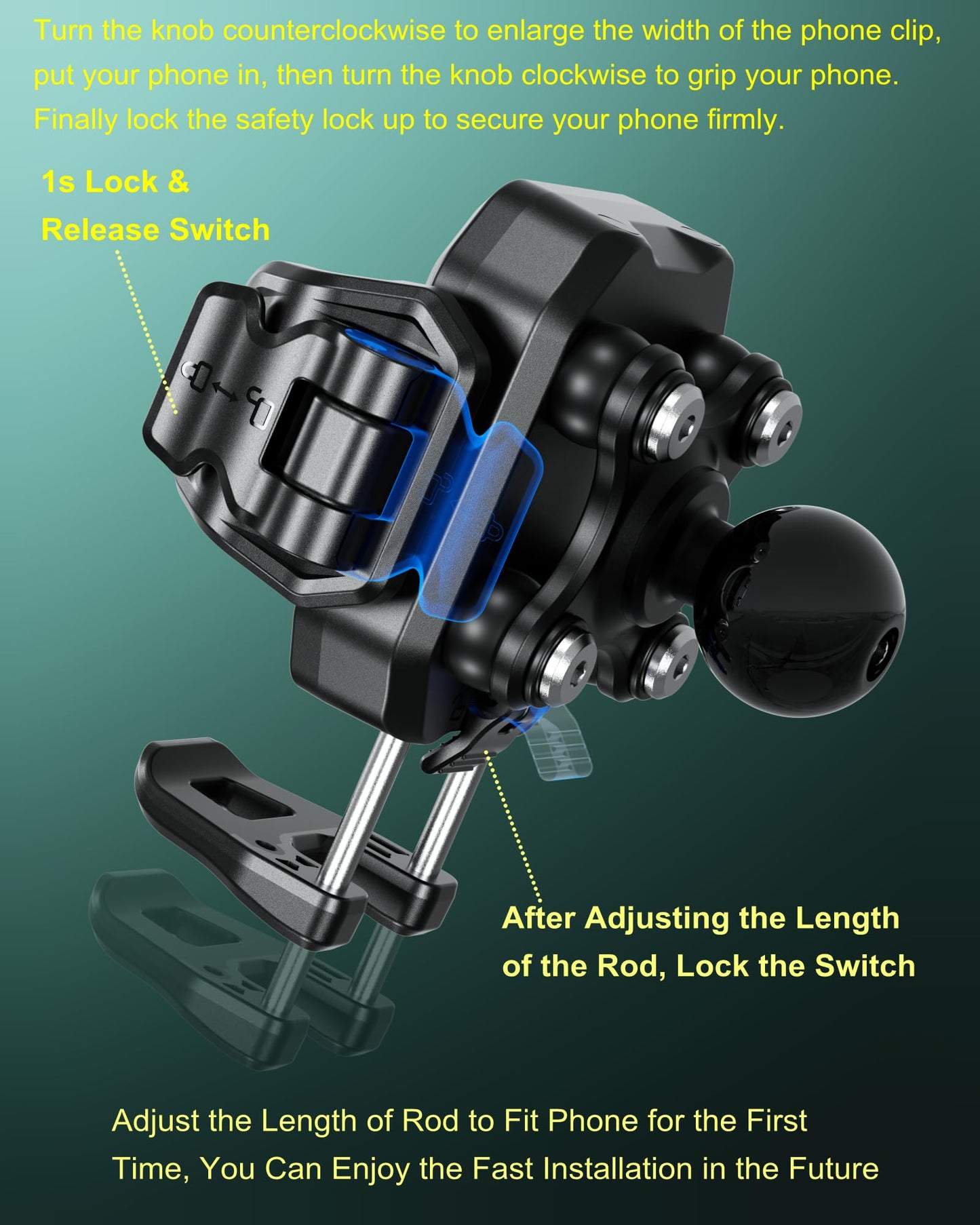 BRCOVAN Anti-Theft Motorcycle Phone Mount with Vibration Dampener, [1s Lock] [Camera Friendly] Handlebar Cellphone Holder for Bike Bicycle Scooter ATV, Adjustable Size Fit 5.4-7.2" Smartphone