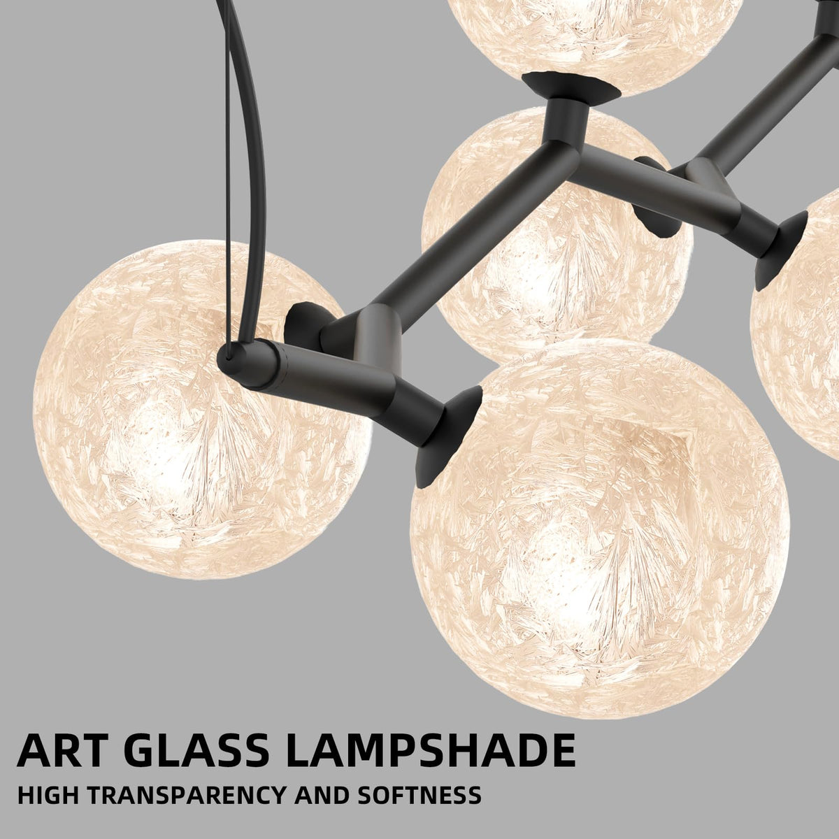 ziidoo Modern Branch Glass Chandelier，6-Lights Pendant Light Ice Crystal Pattern Lampshade Ceiling Artistic Tree Shape Hanging Light Fixtures Over Table for Dining Island Living Room Bar Kitchen