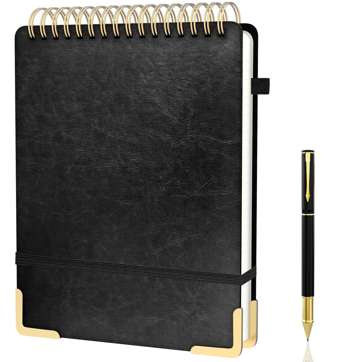 Mousbull A4 Top Spiral Notebook, Large Leather Hardcover Top Bound Steno Pads, 240 Pages 100 gsm Thick Lined Paper Left Handed Notebook Journal for Work, School, Meeting Writing - Black, 8.5" x 11"