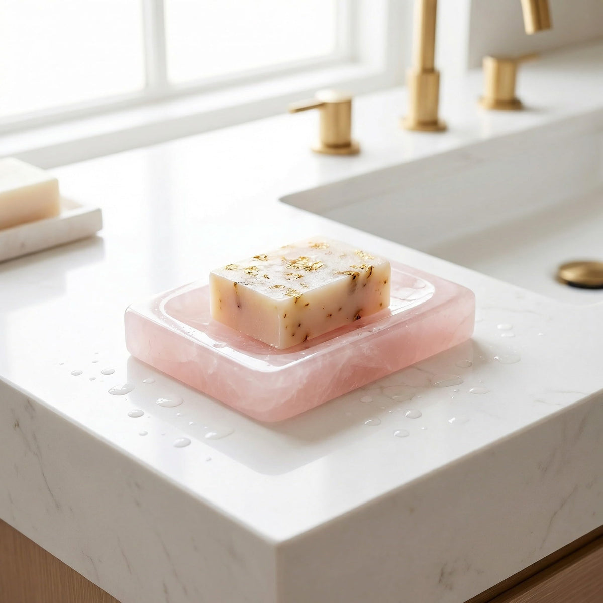 Lierlava Small Rose Quartz Soap Dish & Ring Holder - 4.3" Natural Pink Crystal Jewelry Tray - Mini Stone Decorative Dish for Bathroom Vanity & Nightstand