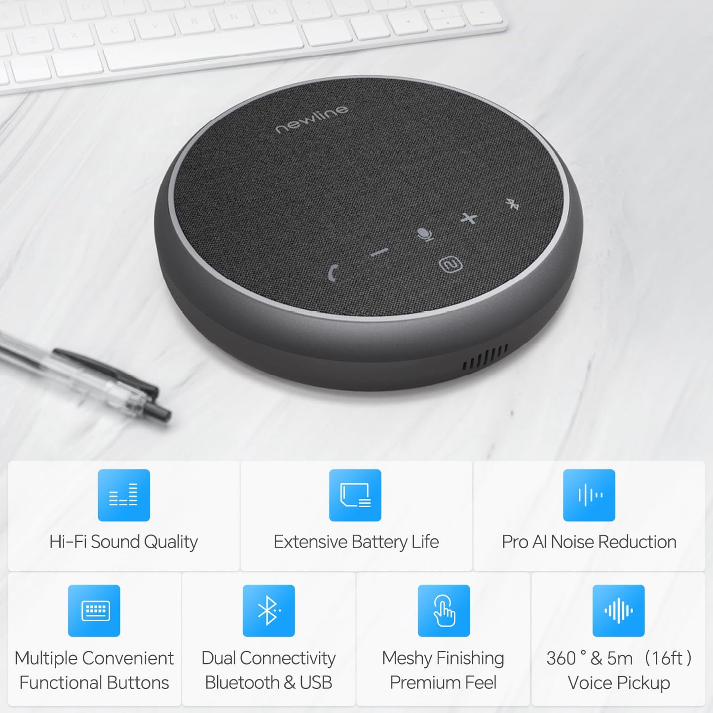 N newline Conference Speaker and Microphone, 2 Mics 360° Voice Pickup, AI Noise Reduction & Clear Calls, USB & Bluetooth Speakerphone, Up to 12H Call Time, for Small-to-Mid Meetings & Home Office