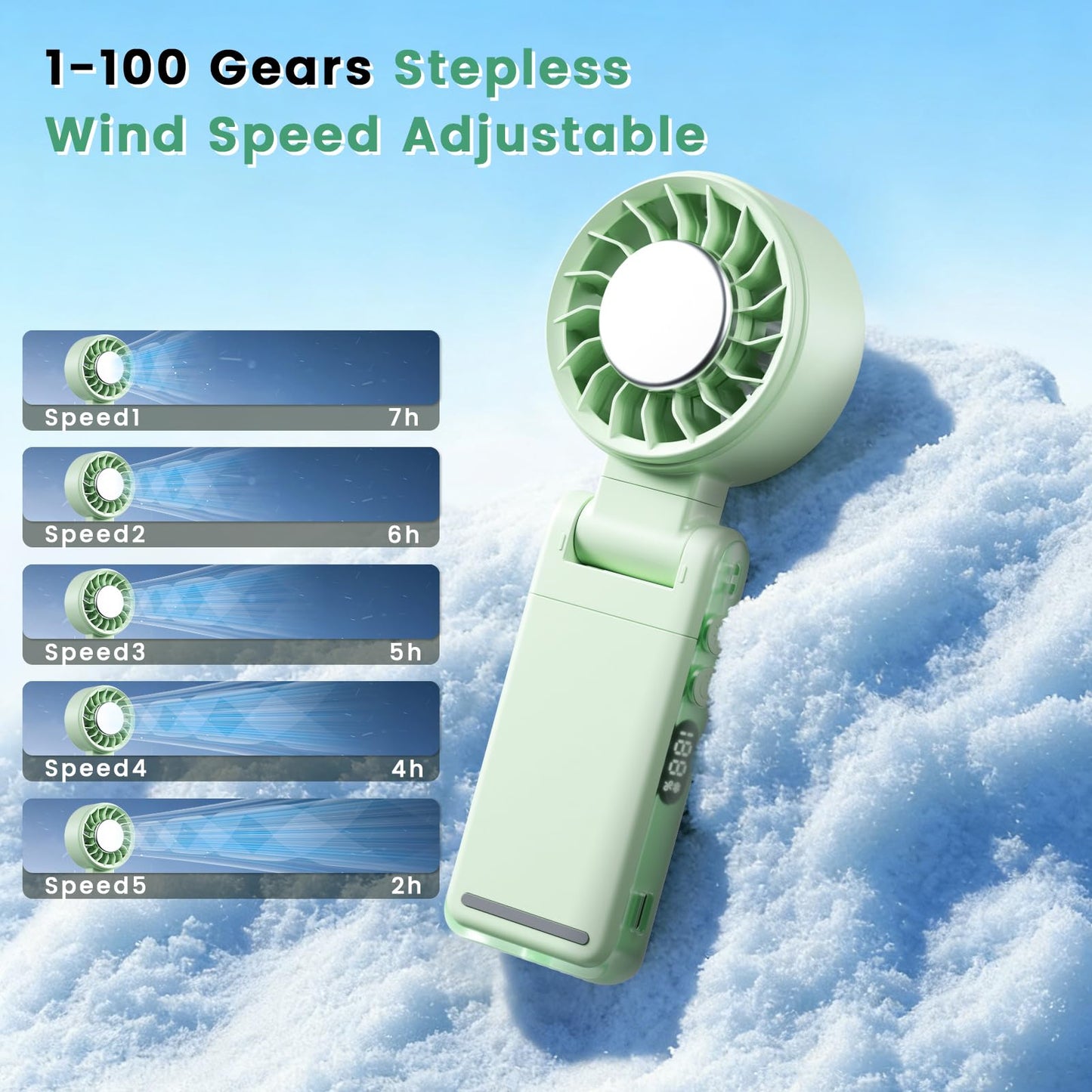 HEEYCEM 4-IN-1 Clip-On Portable Fan Rechargeable Handheld Mini Fan with lce Cooler,5 Gear High Speed 360° Rotatable Small Pocket Fans, for Outdoor, Travel, Beach, and Office (Green)