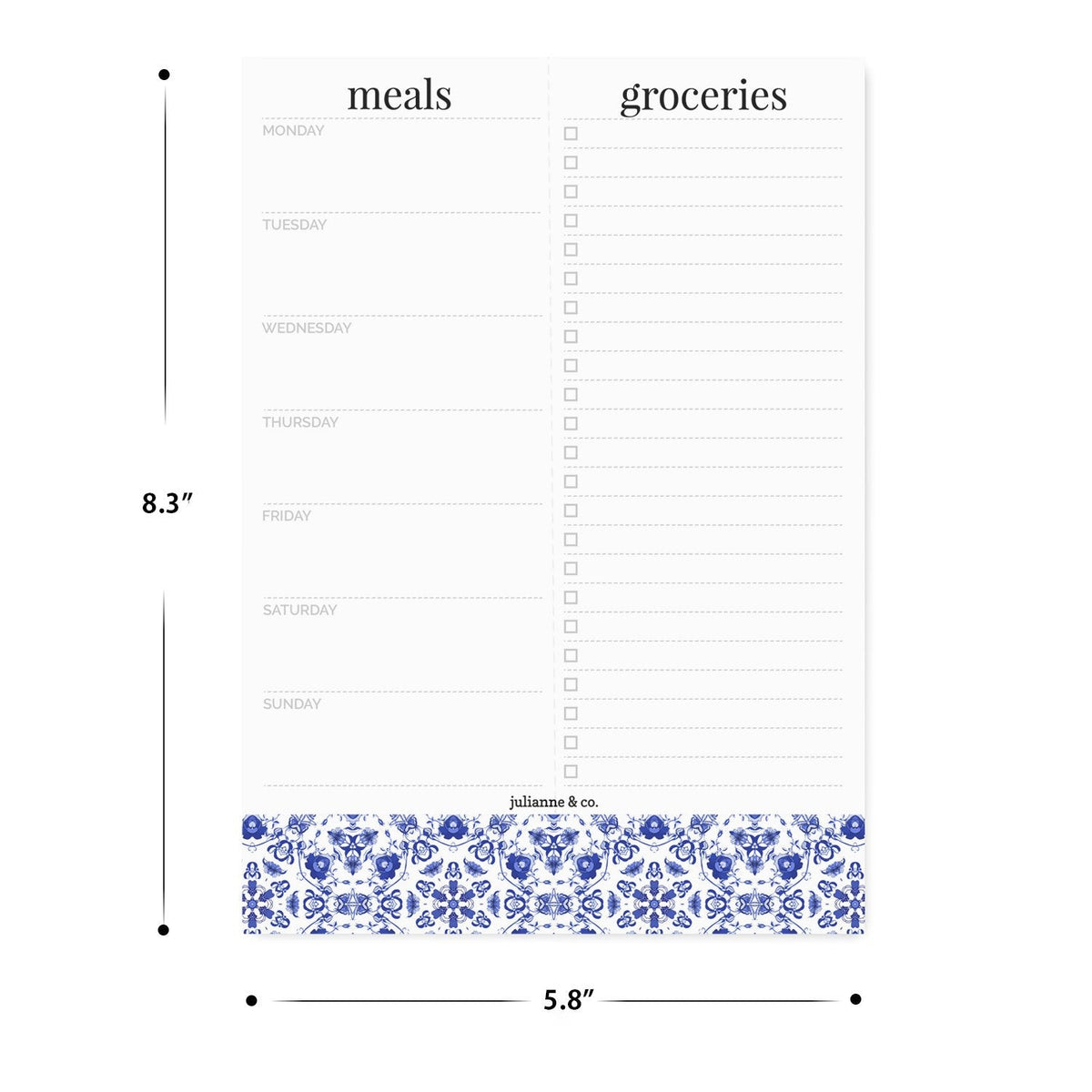 Weekly Magnetic Meal Planner Notepad By Julianne & Co - Food Planning Organizer And Grocery List Pad, 52 Premium A5 Pages, with Tear Away Perforated Shopping List (Blue China Print WITH Fridge Magnet)