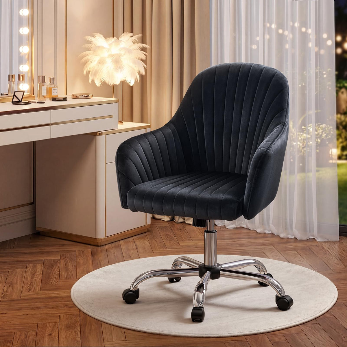 Warmiehomy Velvet Desk Chair for Home Office, Modern Adjustable Swivel Task Chair, Women Vanity Chairs with Arm Rest for Bedroom Dressing Room, Classic Black