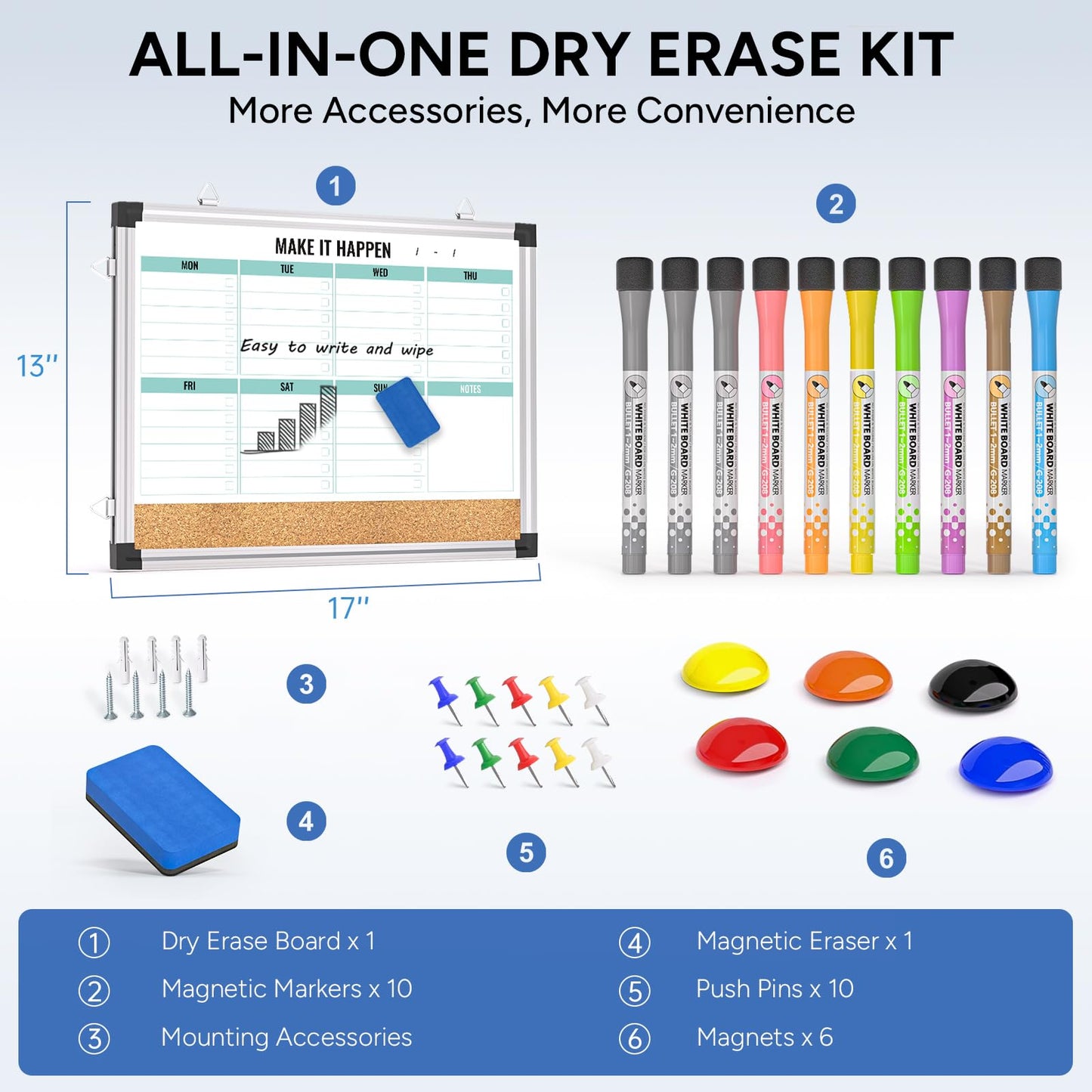 Marsrock Weekly Dry Erase Board and Cork Board Combo for Wall, 17"x13" Reversible Hanging Dry Erase Board, Double Sided White Board with Aluminum Frame for Planning, Office, Kitchen, School, Home