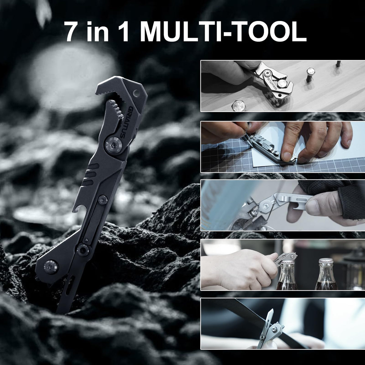 EDC Multitool 7 in 1 with knife, Wrench, Folding Knife, Screwdriver, Bottle Opene, Ruler, Urgent Car Window Breaker and Seatbelt Cutter, EDC Pocket Multi Tool for Gifts for Men (Bright silver)