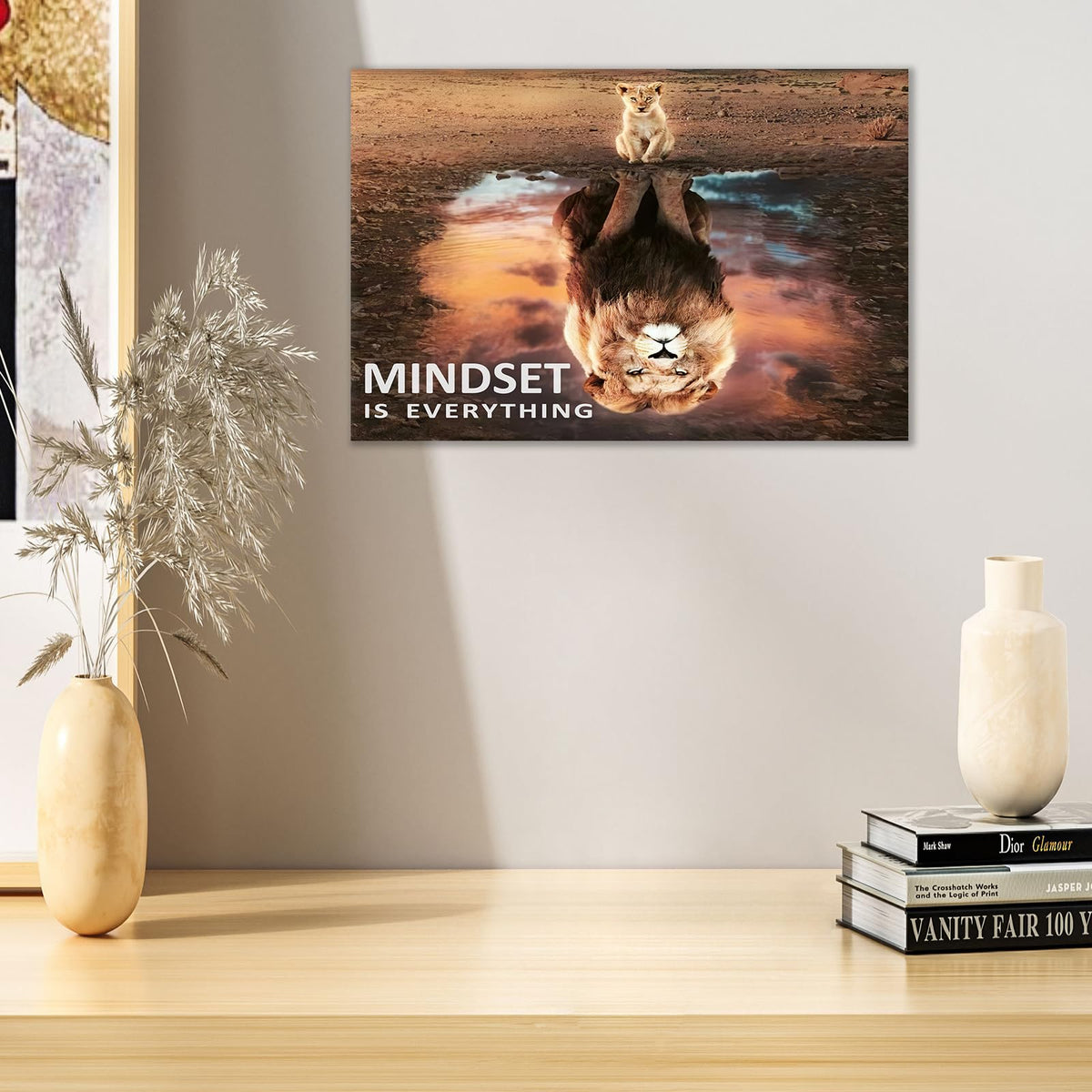 Mindset Is Everything Motivational Wall Art Inspirational Entrepreneur Quotes Posters Print Canvas Artwork Small Lion Big Lion Painting Picture for Home Office Framed Ready to Hang [18''W x 12''H]