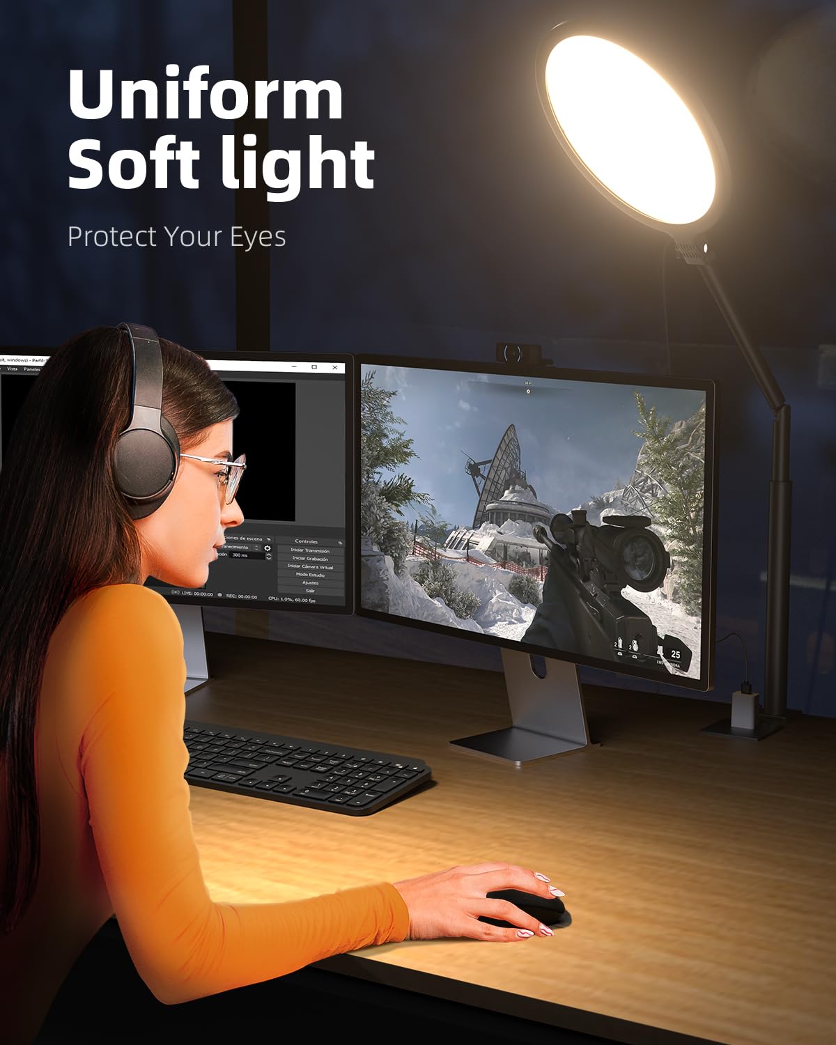 Weilisi 10.2" Desk Ring Light with Stand, 360° Rotate Desk Lamps for Home Office with C-Clamp, Flexible Height Desk Light, Adjust Arm Ring Light for Desk, Podcast, Gaming, Recording, Zoom Lighting