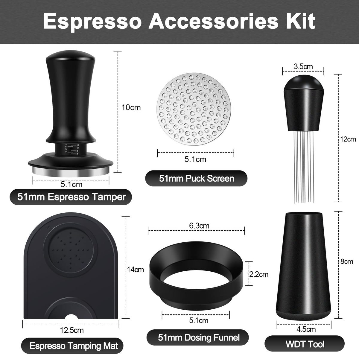 Fosinsee Espresso Accessories Kit 51mm, Coffee Tamper Set with Espresso Tamper, WDT Tool, Espresso Tamper Mat, Espresso Dosing Funnel, Puck Screen, Espresso Tools for 51mm Coffee Machine Accessories