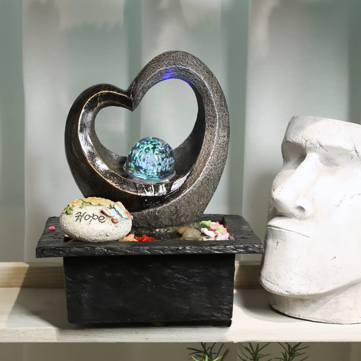 Ferrisland Tabletop Water Fountain, Zen Meditation Indoor Waterfall Fountain, Heart Shape Decoration with LED Light for Home Office Bedroom Relaxation Decor, Gift Ideas