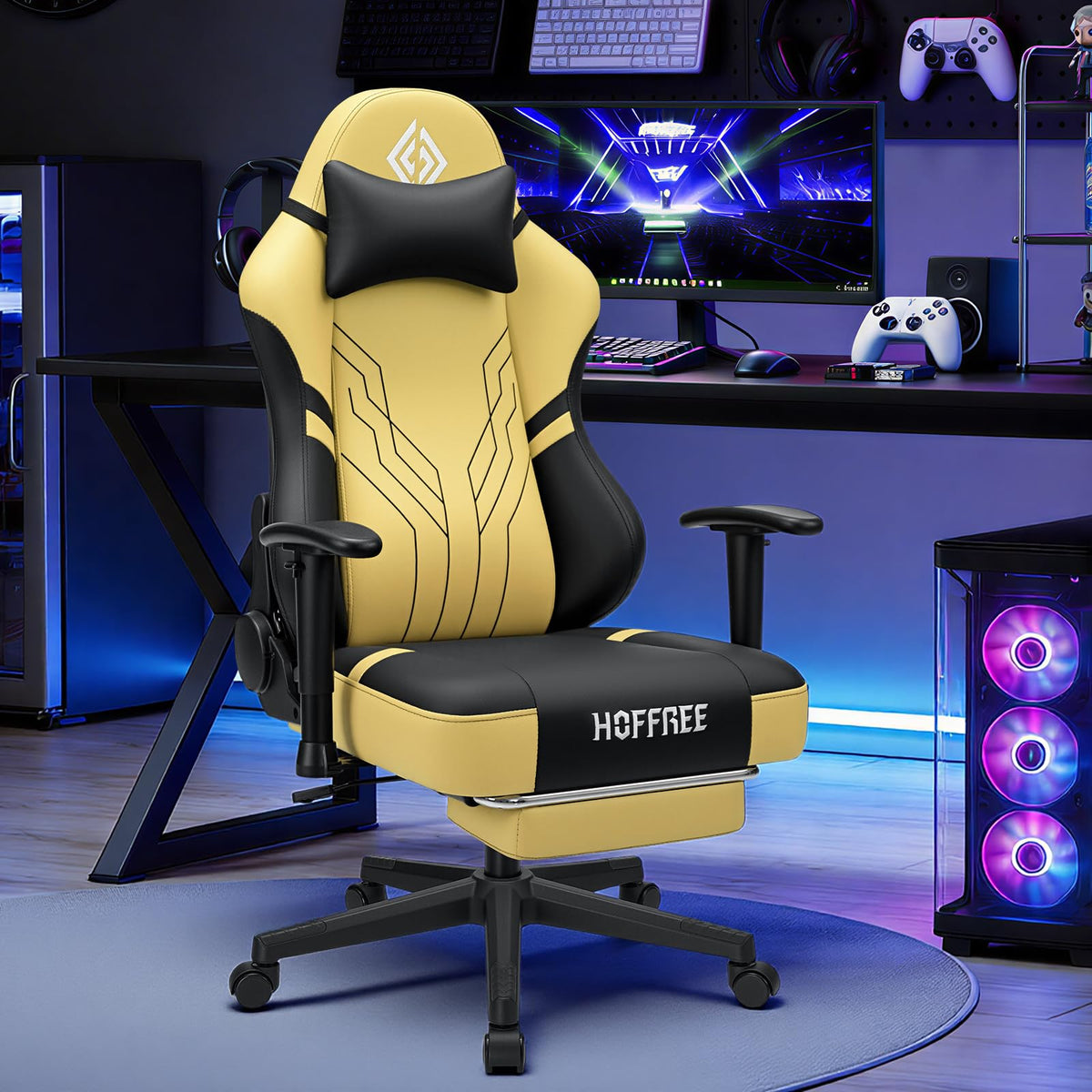 HOFFREE Gaming Chair with Footrest 160° Reclining Computer Chair with 15° Rocking Function Ergonomic Game Chairs for Adults 400lbs Home Office Compueter Desk Chair with 2D Armrests Yellow and Black