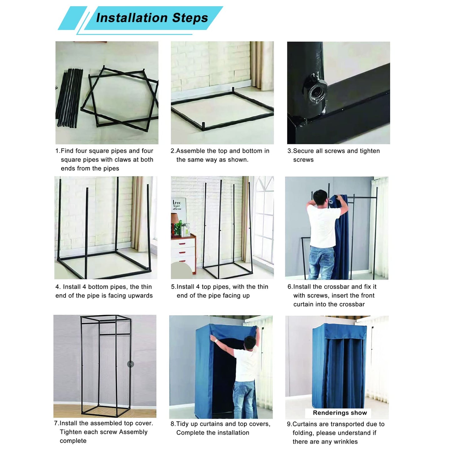 Pengfei Portable Fitting Room, Dressing Room Frame with Curtain and Hook, Changing Room for Clothing Store, Boutiques, Office, Temporary Privacy Space, Easy to Assemble, Black, 39x39x79 inch