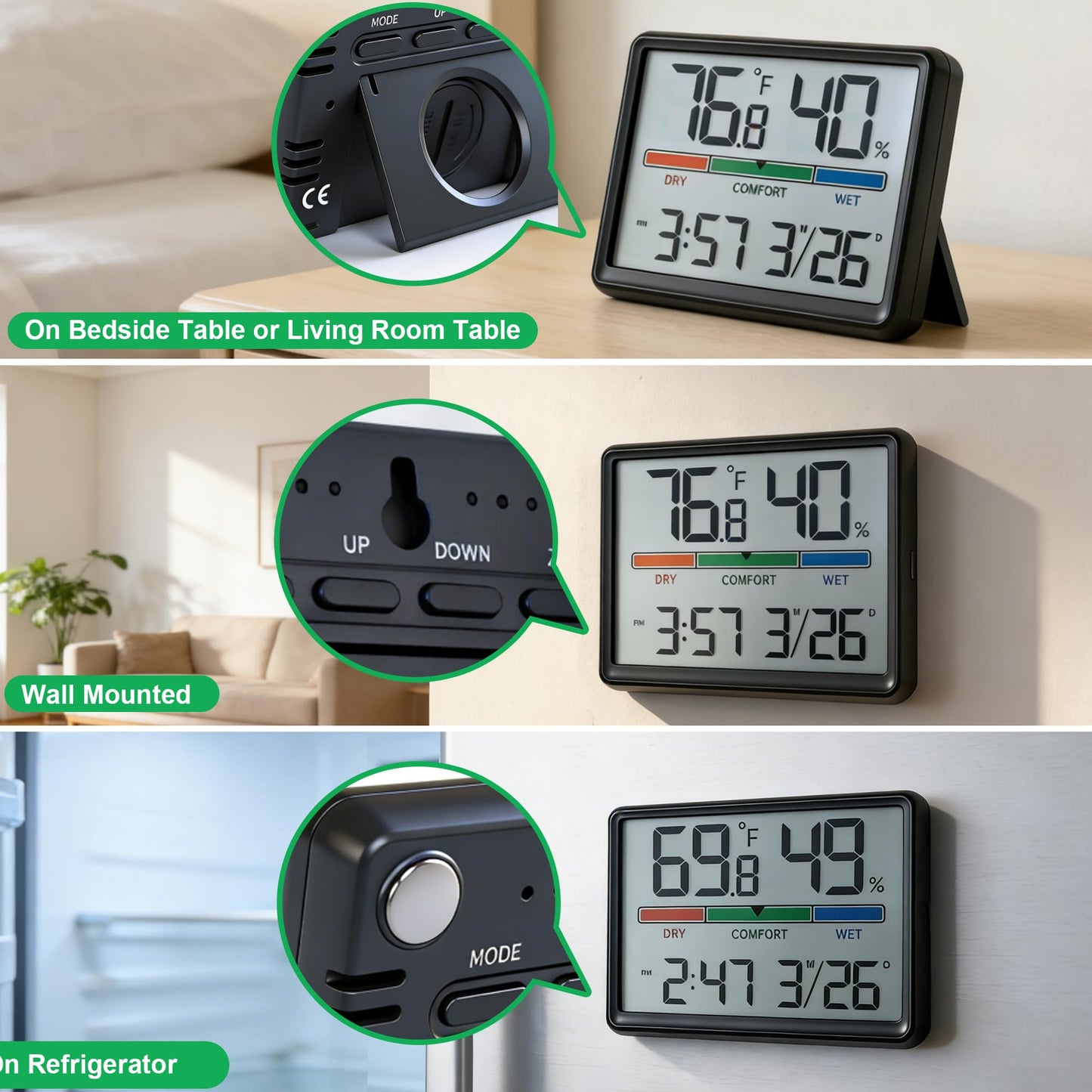 Luzsco Digital Hygrometer Indoor Thermometer, Clock with Temp & Humidity, Temp Gauge with Comfort Indicator, Wall/Magnetic/Desk Alarm Clock for Bedroom, Baby Room, Office, Kitchen, Garage (Black)