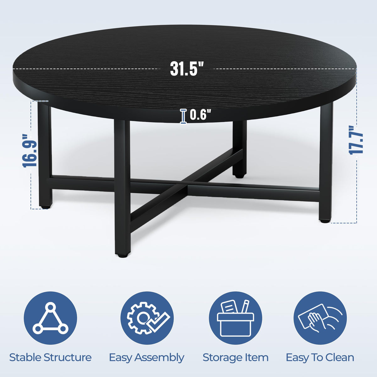 FURMORENE Coffee Table, 31.5" Large Coffee Tables, Black Round Coffee Tables for Living Room, Floor Table for Sitting on The Floor, Center Coffee Table with Metal Frame for Office Apartment Home