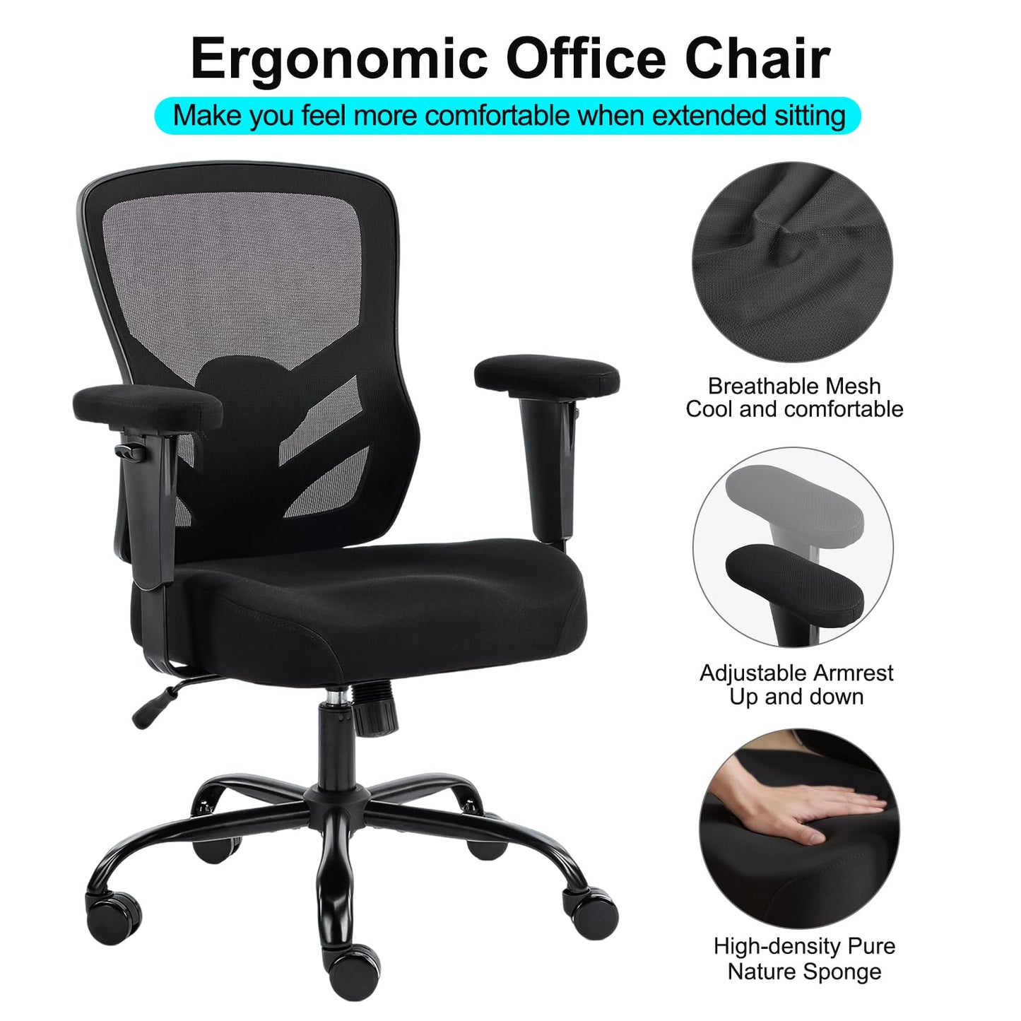 YFO Ergonomic Office Chair, Mesh Computer Desk Chair with Adjustable Back Lumbar Support and Armrests, Comfy Executive Rolling Swivel Task Chair for Home Office, Black