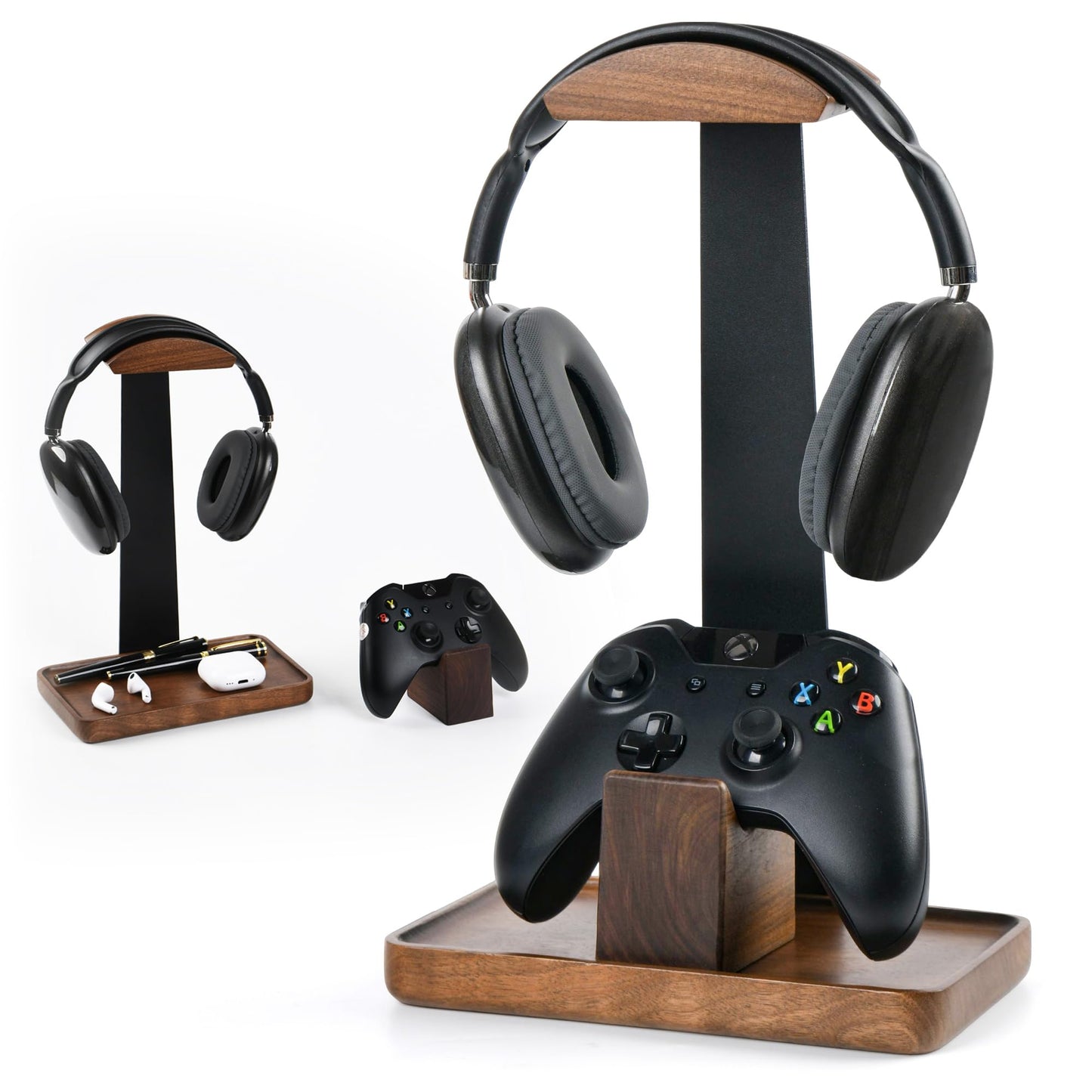 Damuzhi Headphone Stand with Gaming Controller Holder, Walnut Wood Headphone Stand with Gifts for Gamers, Gaming Accessories for Desk