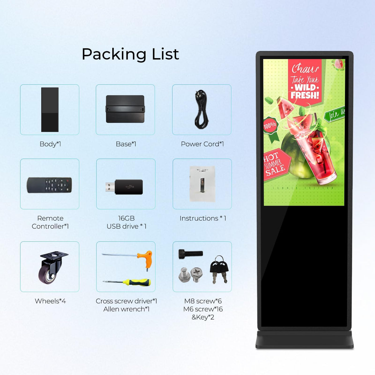 HARZHI 43 inch Digital Signage Display, 4K UHD LCD Screen, Indoor Floor Standing Advertising Kiosk, Android OS, Auto Media Player, HDMI/USB/WiFi (Touch)