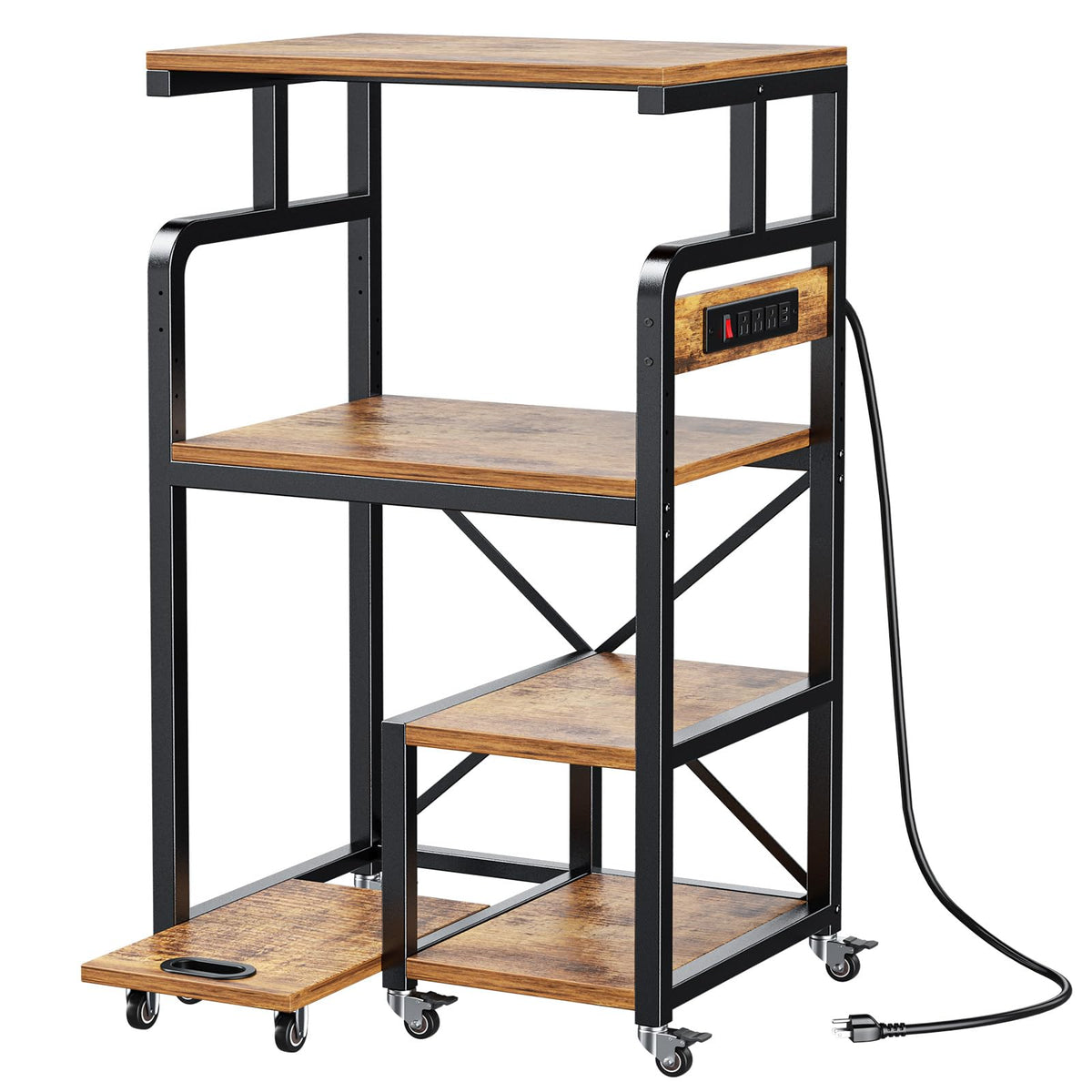 POKIPO Large 4 Tier Printer Stand, 26.7 x 21.2 x 50.2 Inches Tall Printer Cart with Power Outlets 4-Adjustable Heavy Duty Rolling Shelf for Home Office Kitchen Stand for Paper Shredder Mini Fridge
