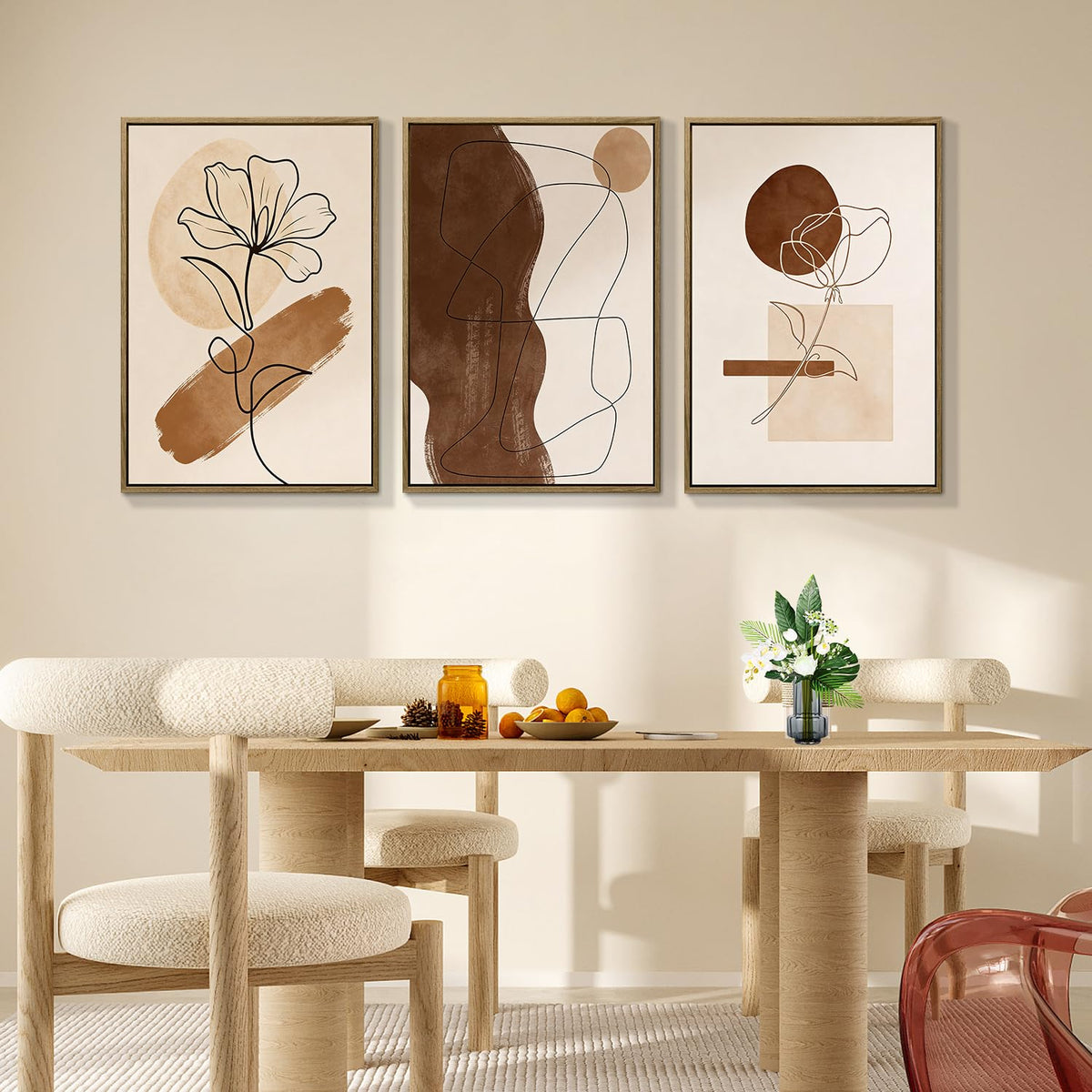 3Pcs Large Framed Botanical Canvas Wall Art, Modern Neutral Plant Abstract Canvas Prints, Minimalist Nature Wall Decor, Large Wall Art for Living Room Bedroom Office Farmhouse Decor 16 * 24in
